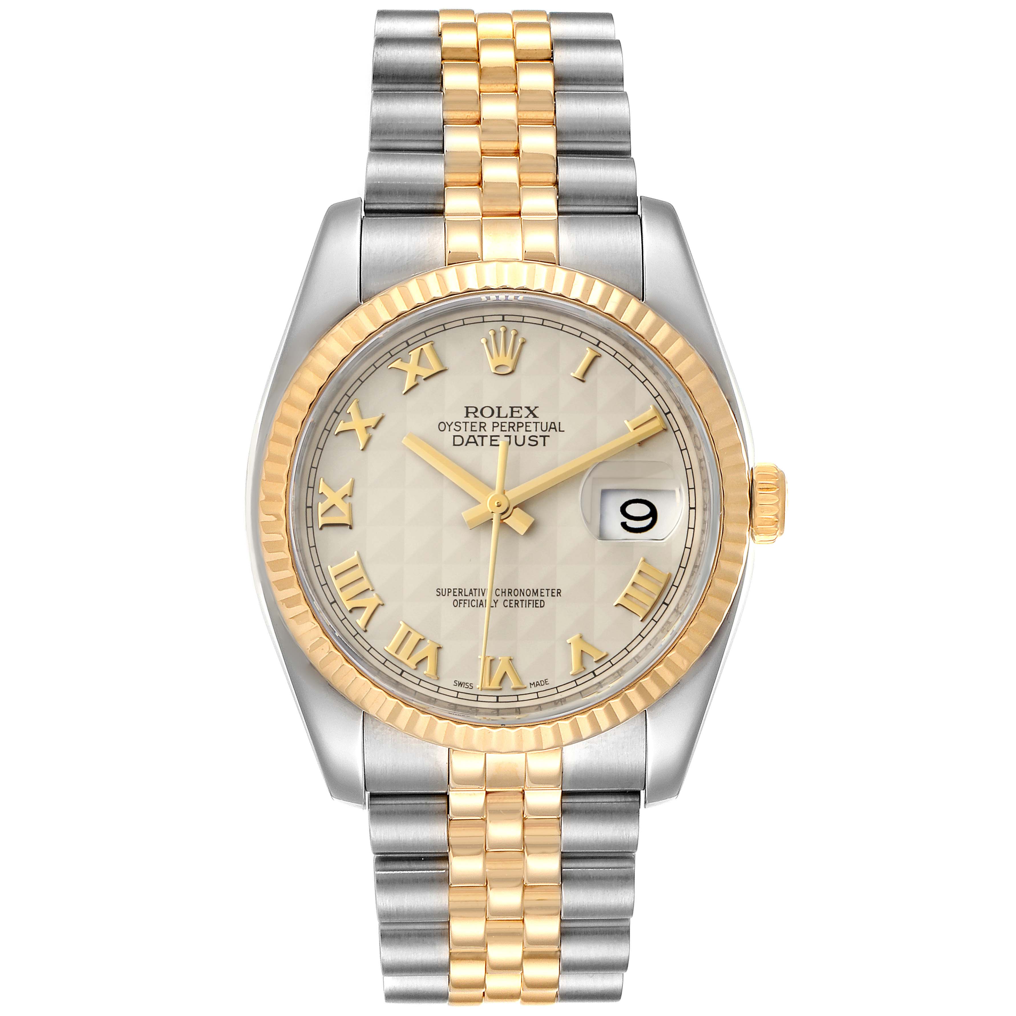 The image shows a Rolex Datejust 116233 Men
s Steel and Gold (two tone) Beige Dial 116233 Men
s Steel and Gold (two tone) Beige Dial watch from a front angle, highlighting its two-tone bracelet, fluted bezel, dial with Roman numerals, and date window.