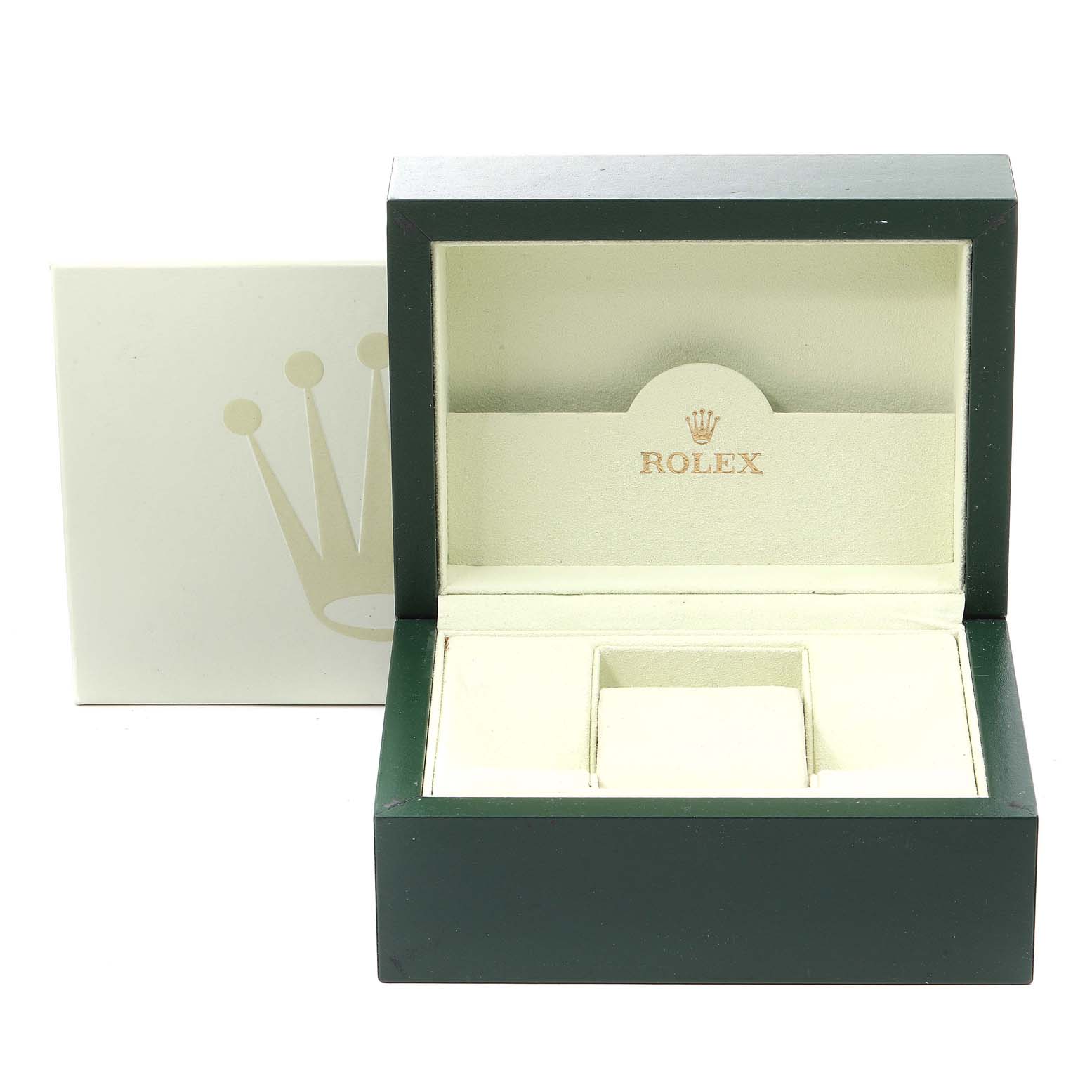 The image shows an open green and beige box for a Rolex Datejust 116233 Men
s Steel and Gold (two tone) Beige Dial 116233 Men
s Steel and Gold (two tone) Beige Dial watch, with a logo displayed inside the lid.