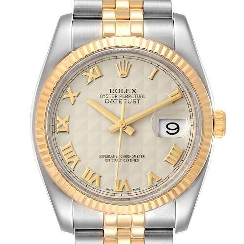 Photo of Rolex Datejust Steel Yellow Gold Pyramid Roman Dial Mens Watch 116233