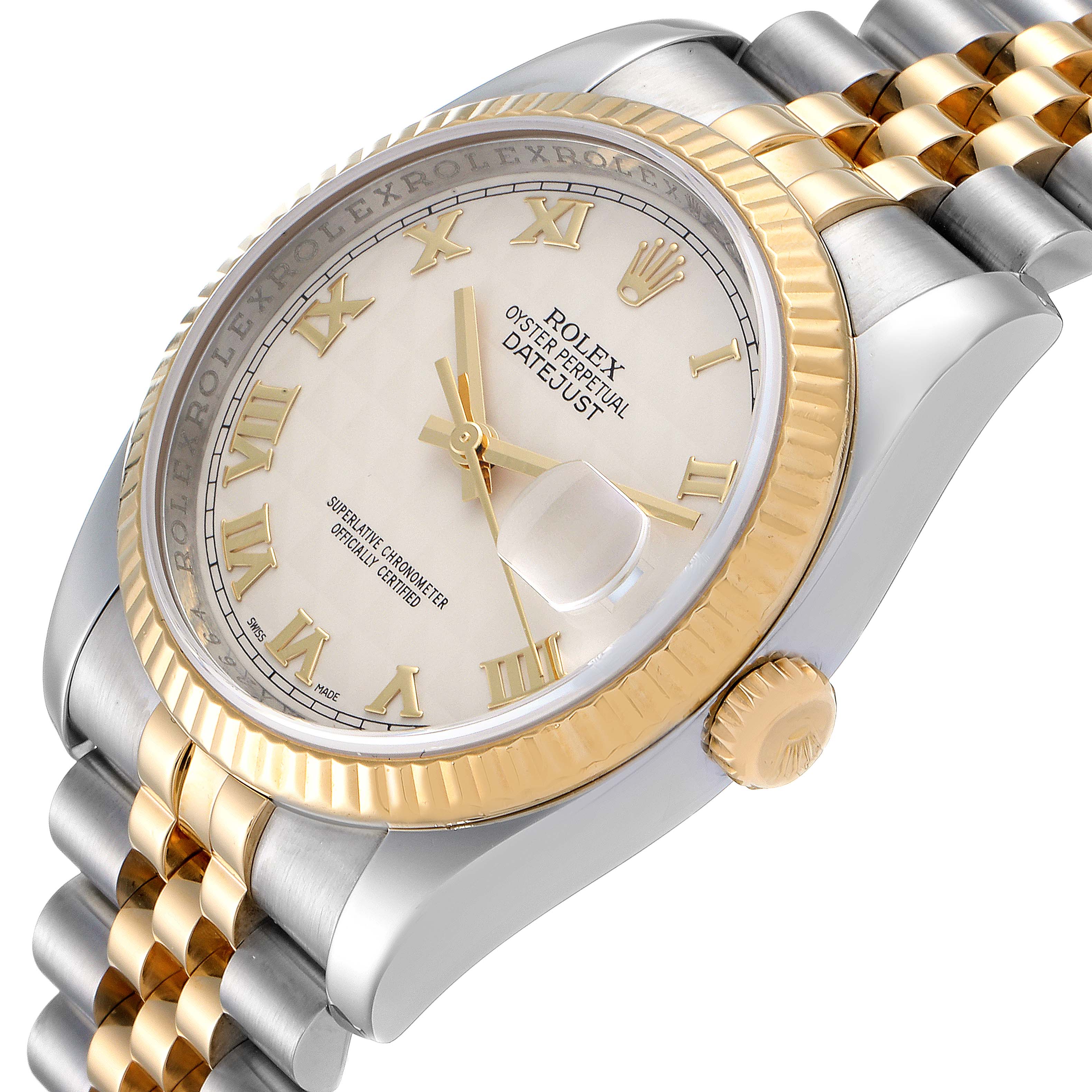 The Rolex Datejust 116233 Men
s Steel and Gold (two tone) Beige Dial 116233 Men
s Steel and Gold (two tone) Beige Dial watch is shown from an angled side view, highlighting its bezel, crown, bracelet, and dial with Roman numerals.