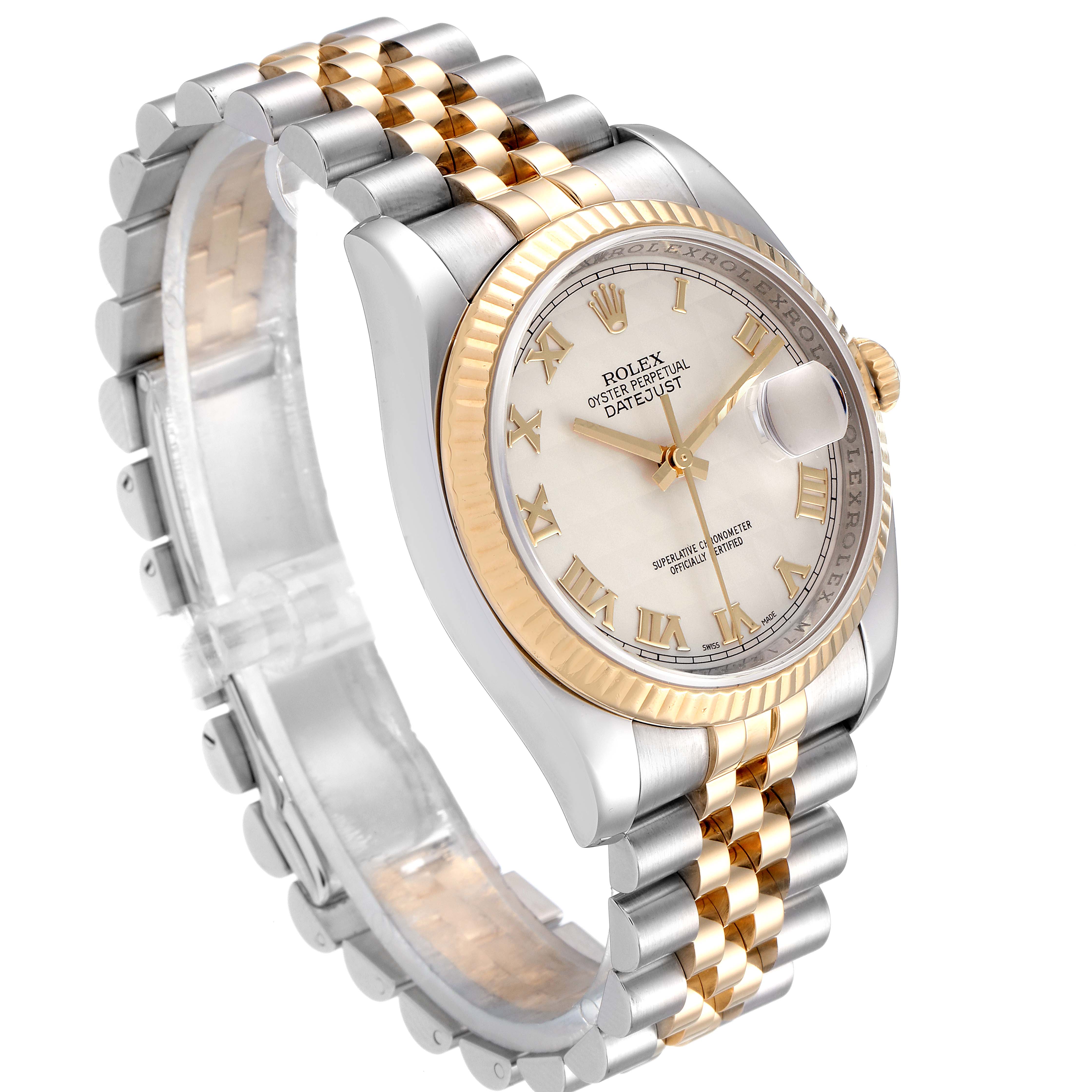 This image shows a Rolex Datejust 116233 Men
s Steel and Gold (two tone) Beige Dial 116233 Men
s Steel and Gold (two tone) Beige Dial watch at a slight angle, highlighting the dial, fluted bezel, and Jubilee bracelet.