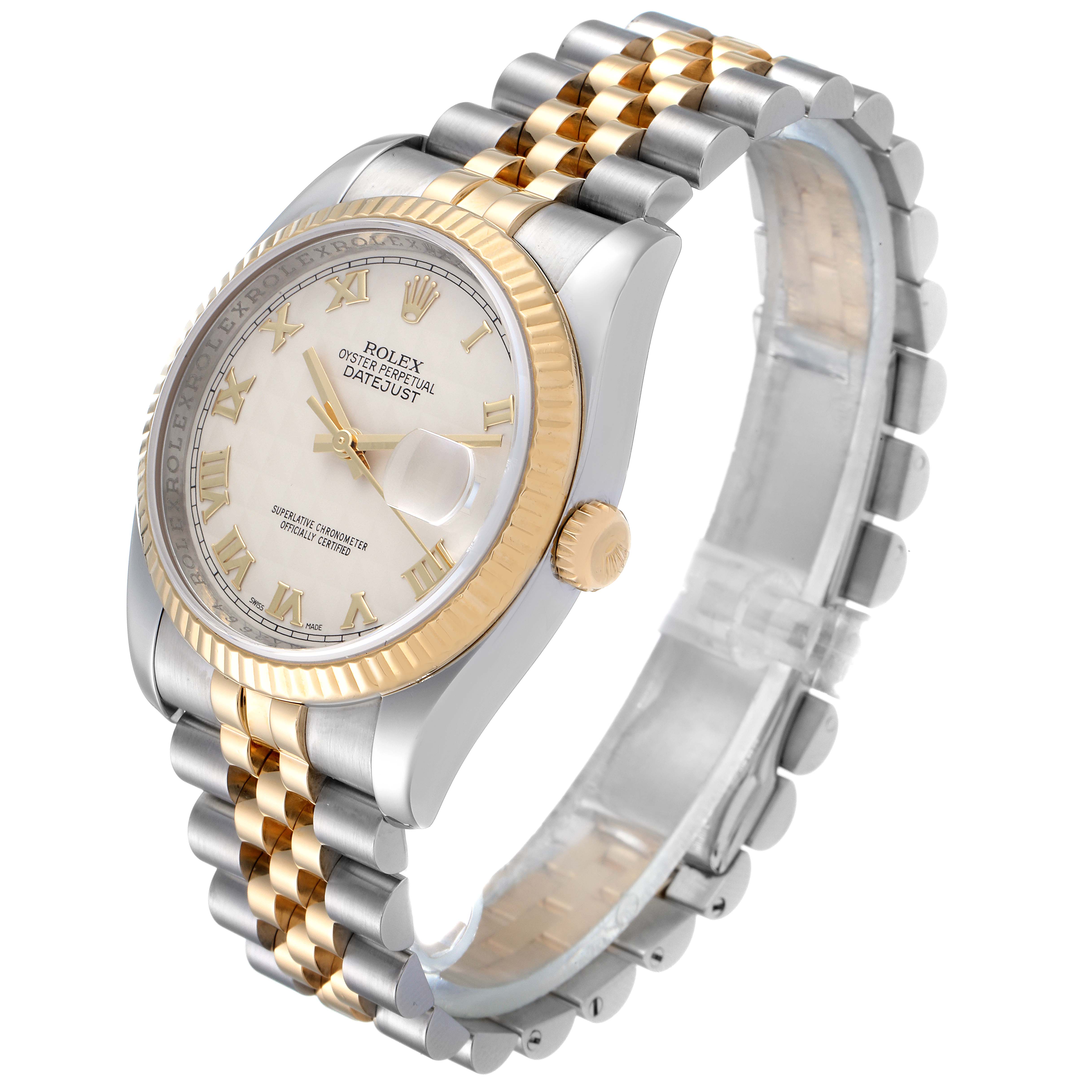 The Rolex Datejust 116233 Men
s Steel and Gold (two tone) Beige Dial 116233 Men
s Steel and Gold (two tone) Beige Dial watch is shown at an angled side view, highlighting its dial, bezel, crown, and jubilee bracelet.