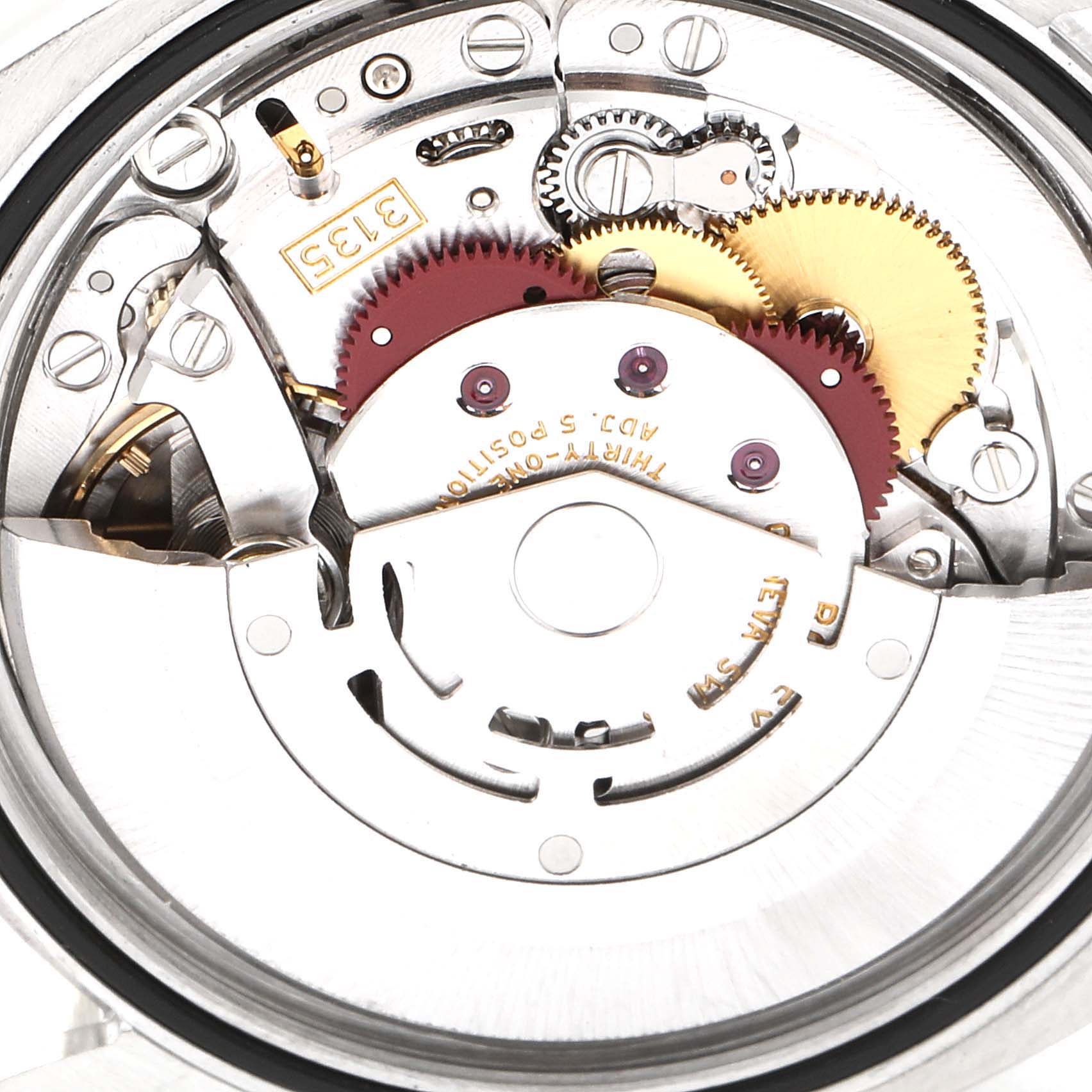 This image shows the internal mechanism and movement of a Rolex Datejust 116233 Men
s Steel and Gold (two tone) Beige Dial 116233 Men
s Steel and Gold (two tone) Beige Dial watch from a top-down angle.
