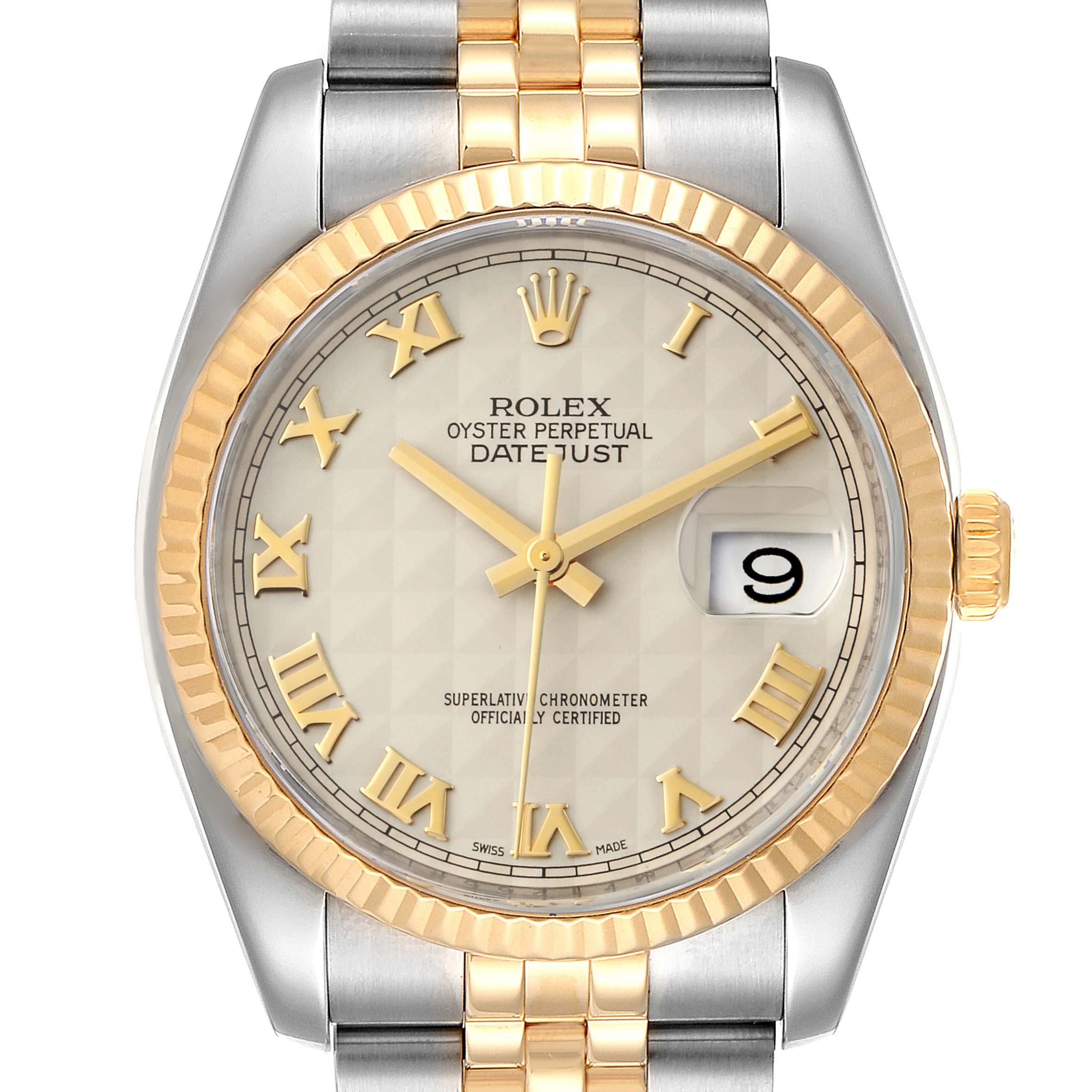 This image shows a front view of the Rolex Datejust 116233 Men
s Steel and Gold (two tone) Beige Dial 116233 Men
s Steel and Gold (two tone) Beige Dial watch, highlighting its dial, bezel, and bracelet.