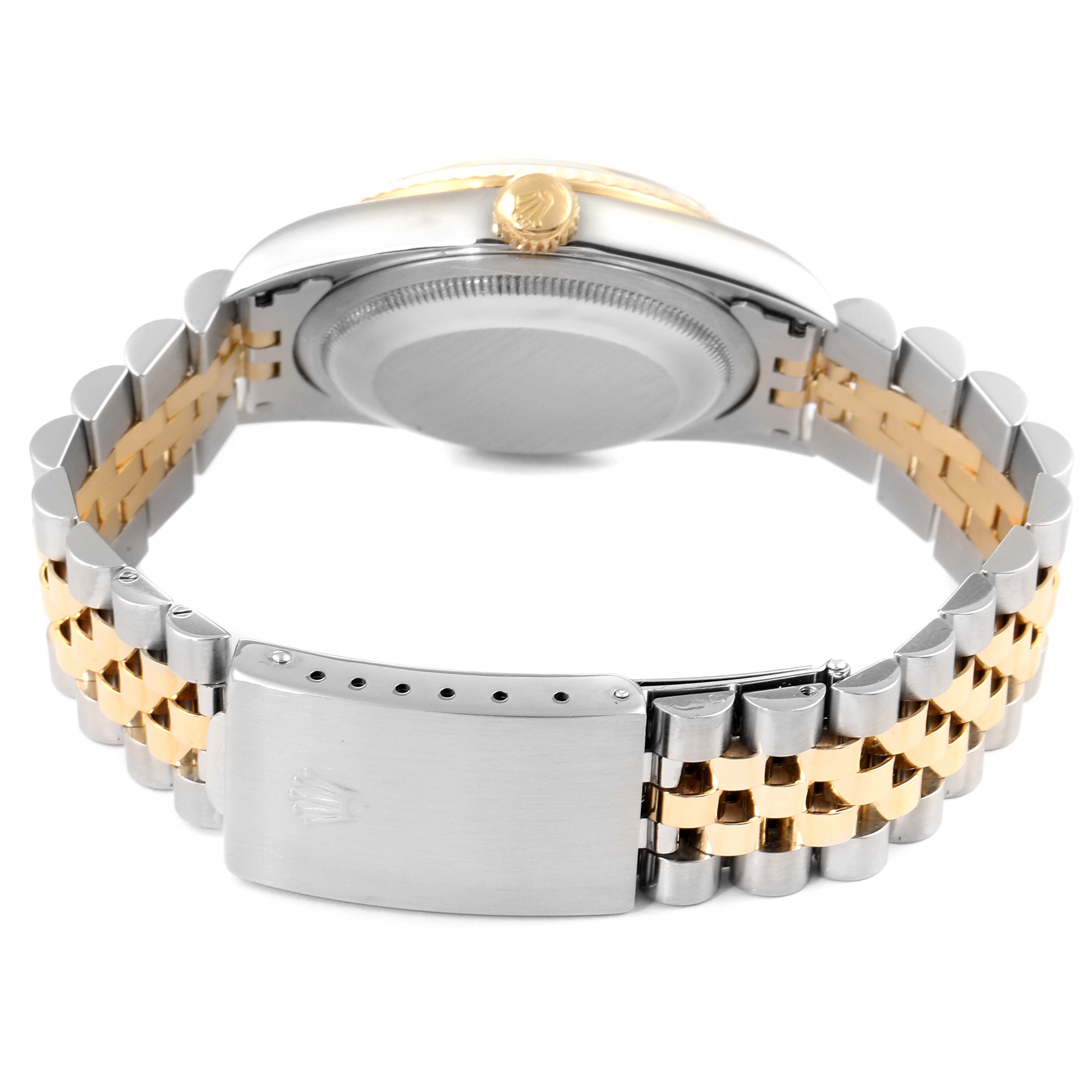 The image shows the back view of a Rolex Datejust 16233 Men's Steel and Gold (two tone) Grey Dial 16233 Men's Steel and Gold (two tone) Grey Dial watch, highlighting the case, crown, and two-tone bracelet.