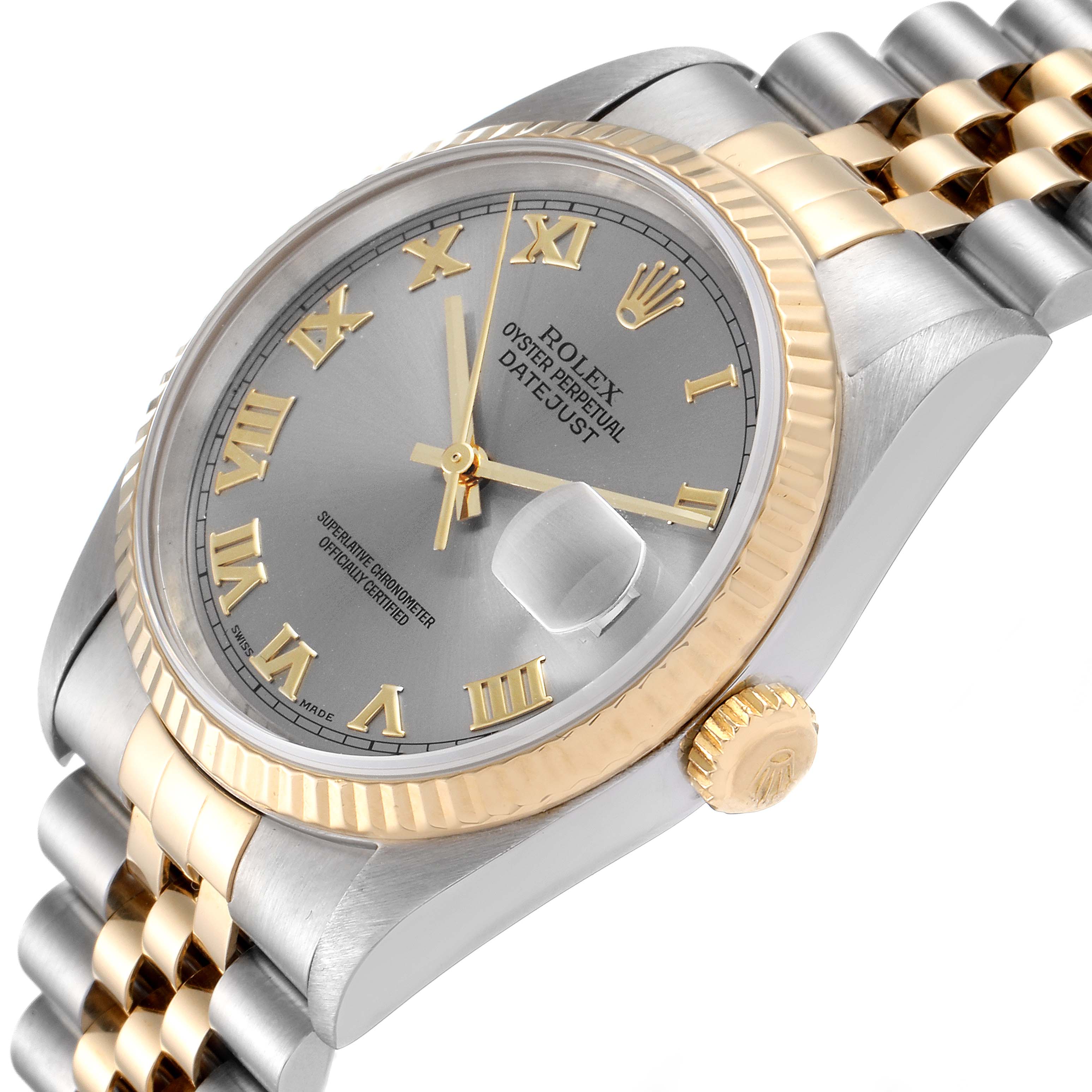 This image shows a close-up of a Rolex Datejust 16233 Men's Steel and Gold (two tone) Grey Dial 16233 Men's Steel and Gold (two tone) Grey Dial watch at an angled side view, highlighting its dial, bezel, crown, and part of the bracelet.