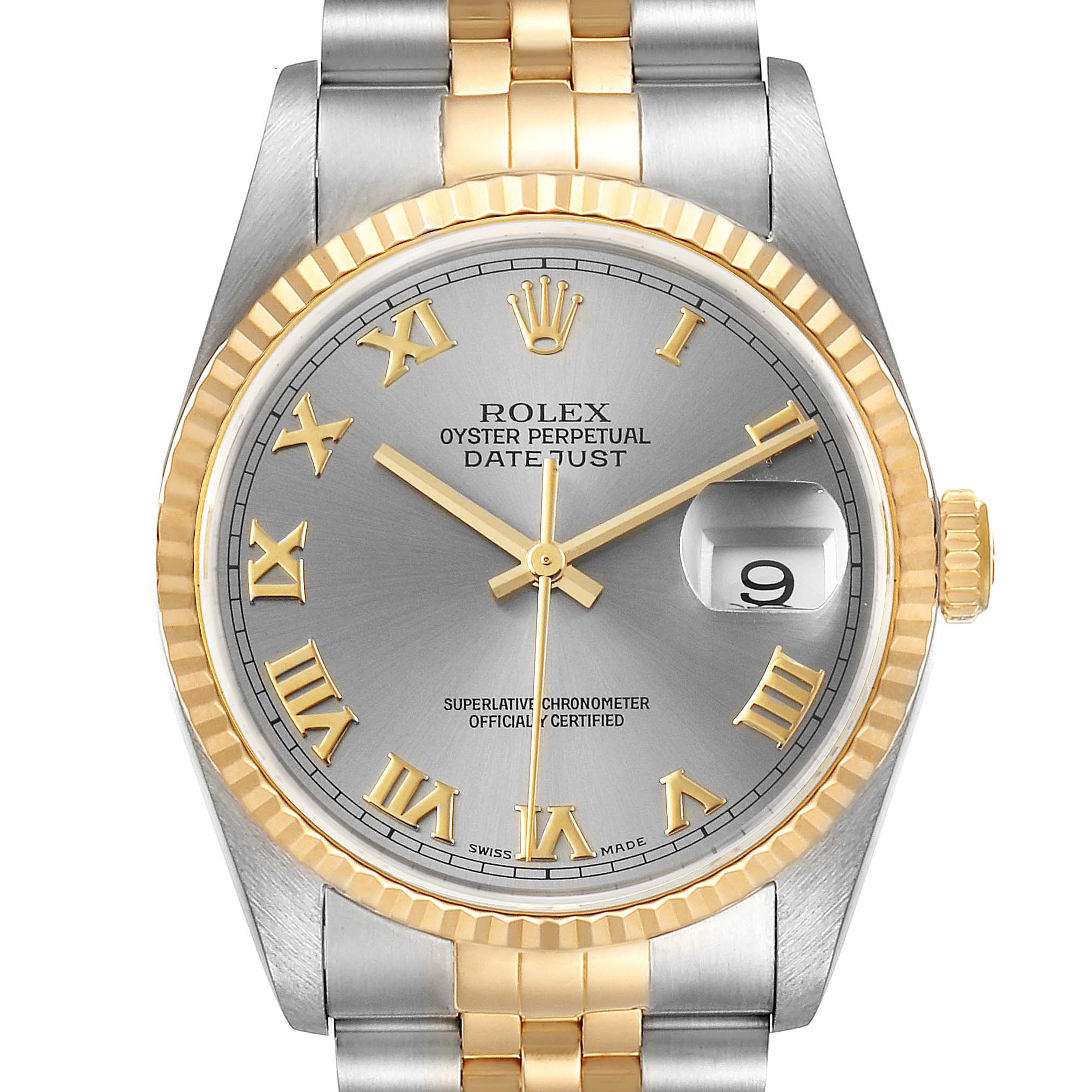The image shows a front view of the Rolex Datejust 16233 Men's Steel and Gold (two tone) Grey Dial 16233 Men's Steel and Gold (two tone) Grey Dial watch, highlighting its gold bezel, silver dial, Roman numerals, and two-tone bracelet.