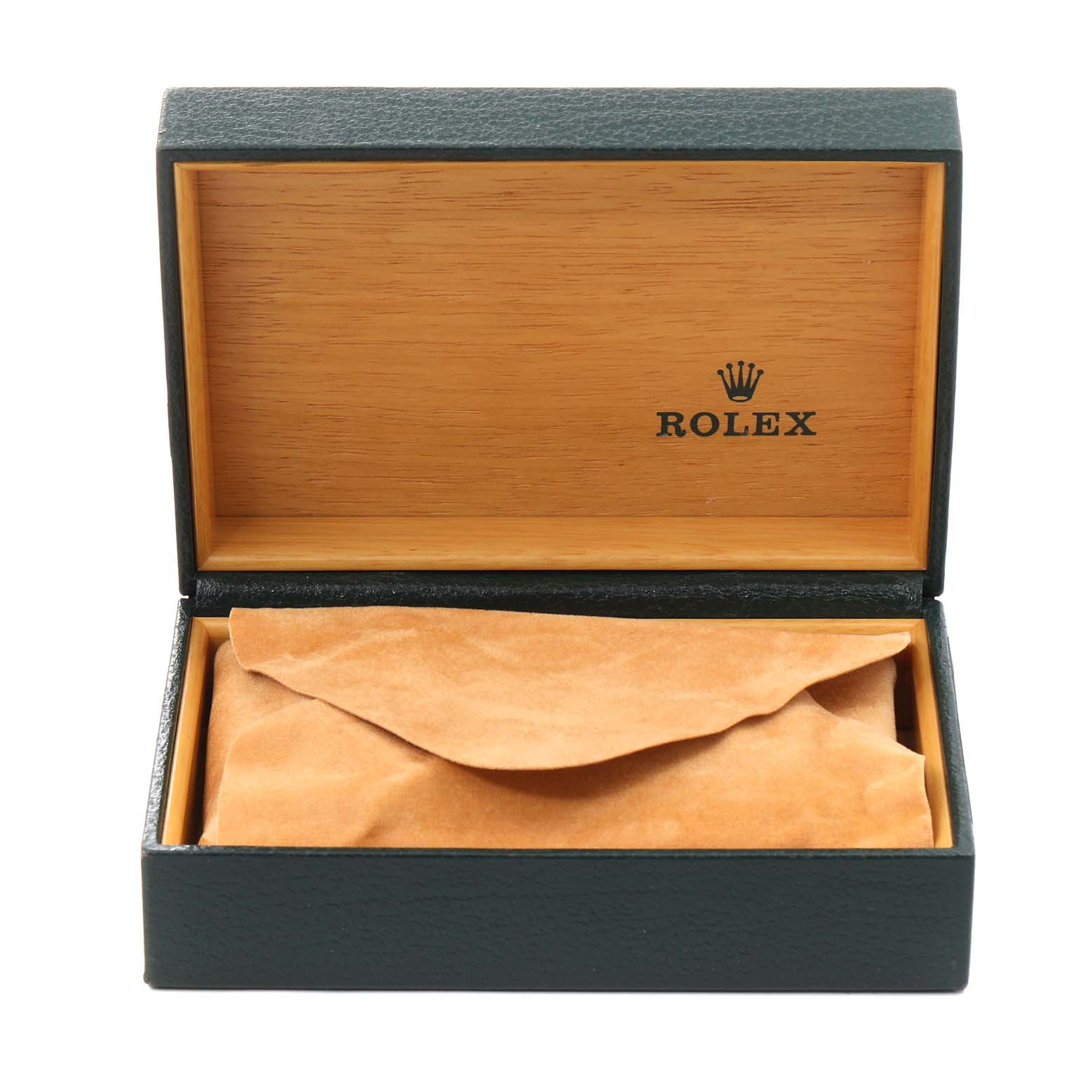 This image shows an open Rolex Datejust 16233 Men's Steel and Gold (two tone) Grey Dial 16233 Men's Steel and Gold (two tone) Grey Dial watch box with a tan suede pouch inside.