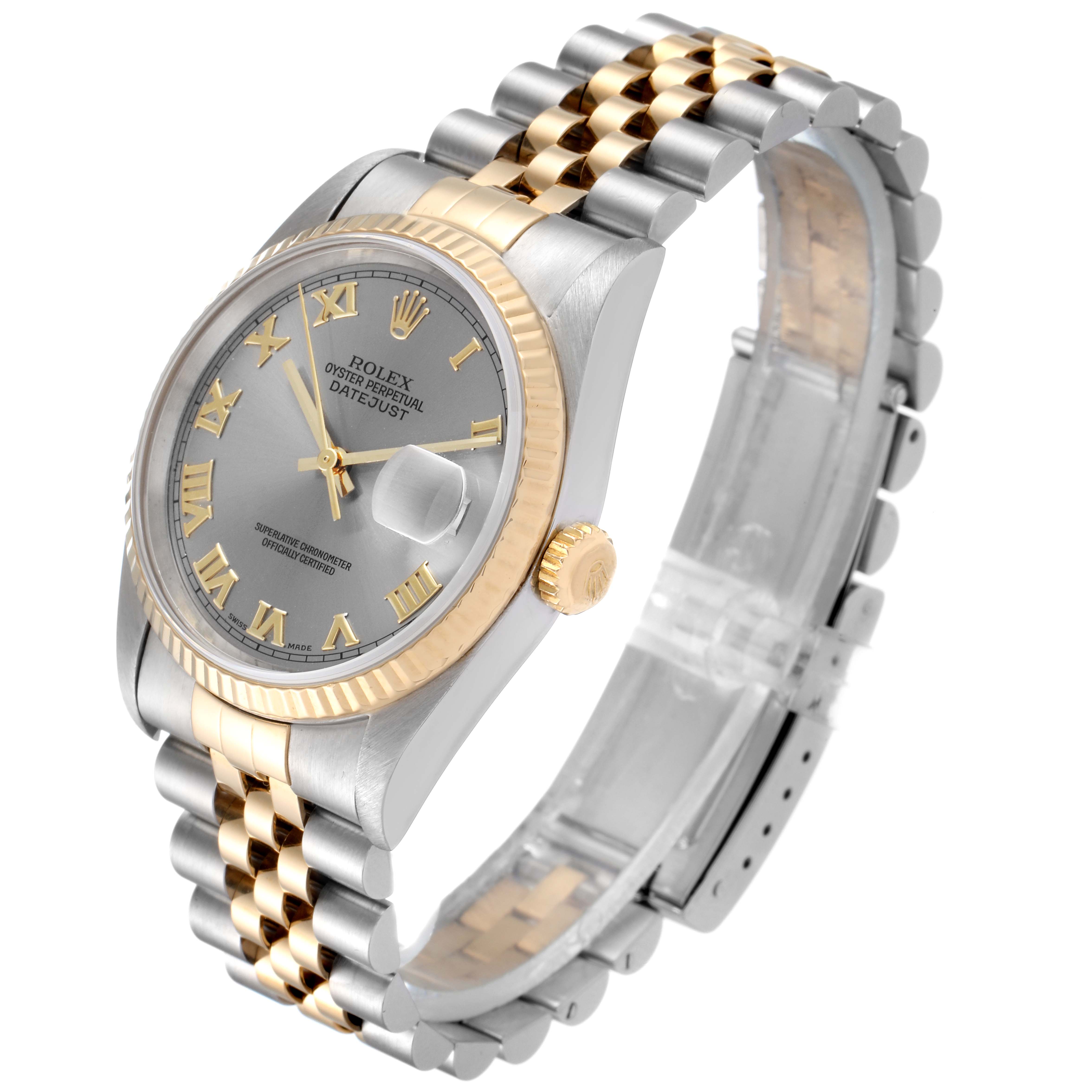 The Rolex Datejust 16233 Men's Steel and Gold (two tone) Grey Dial 16233 Men's Steel and Gold (two tone) Grey Dial watch is shown from a three-quarter angle, highlighting its two-tone bracelet, fluted bezel, and cyclops date window.