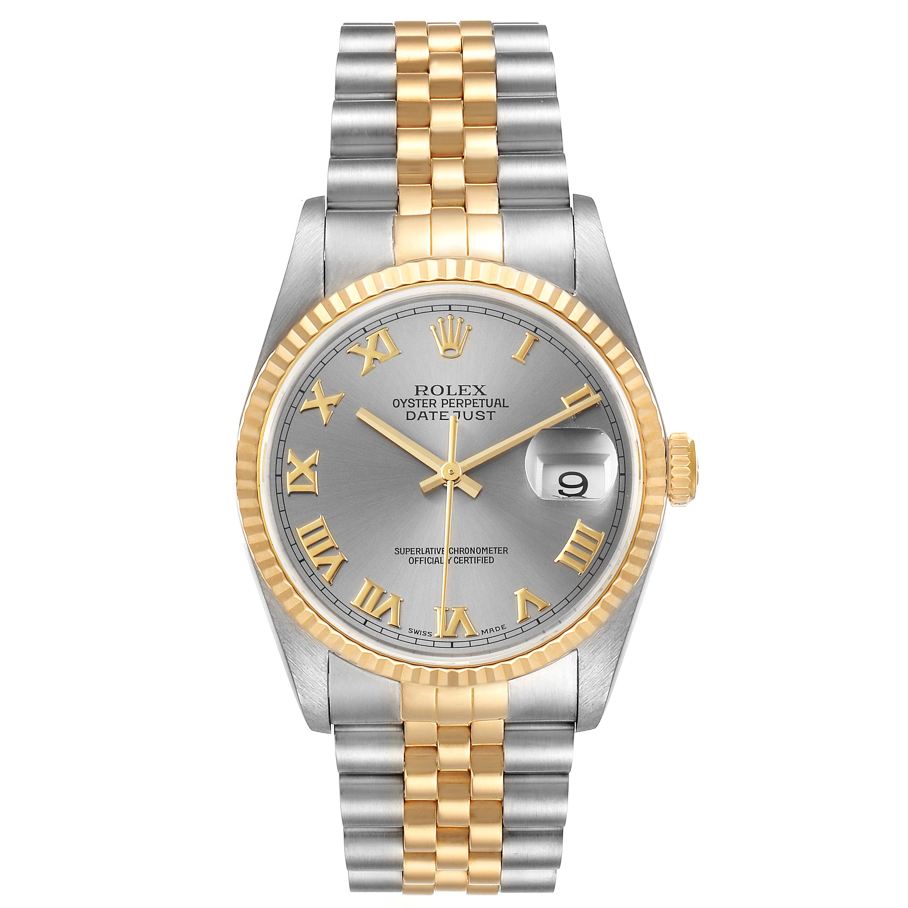 The image shows a frontal view of a Rolex Datejust 16233 Men's Steel and Gold (two tone) Grey Dial 16233 Men's Steel and Gold (two tone) Grey Dial watch with a two-tone bracelet, fluted bezel, and silver dial with Roman numerals.