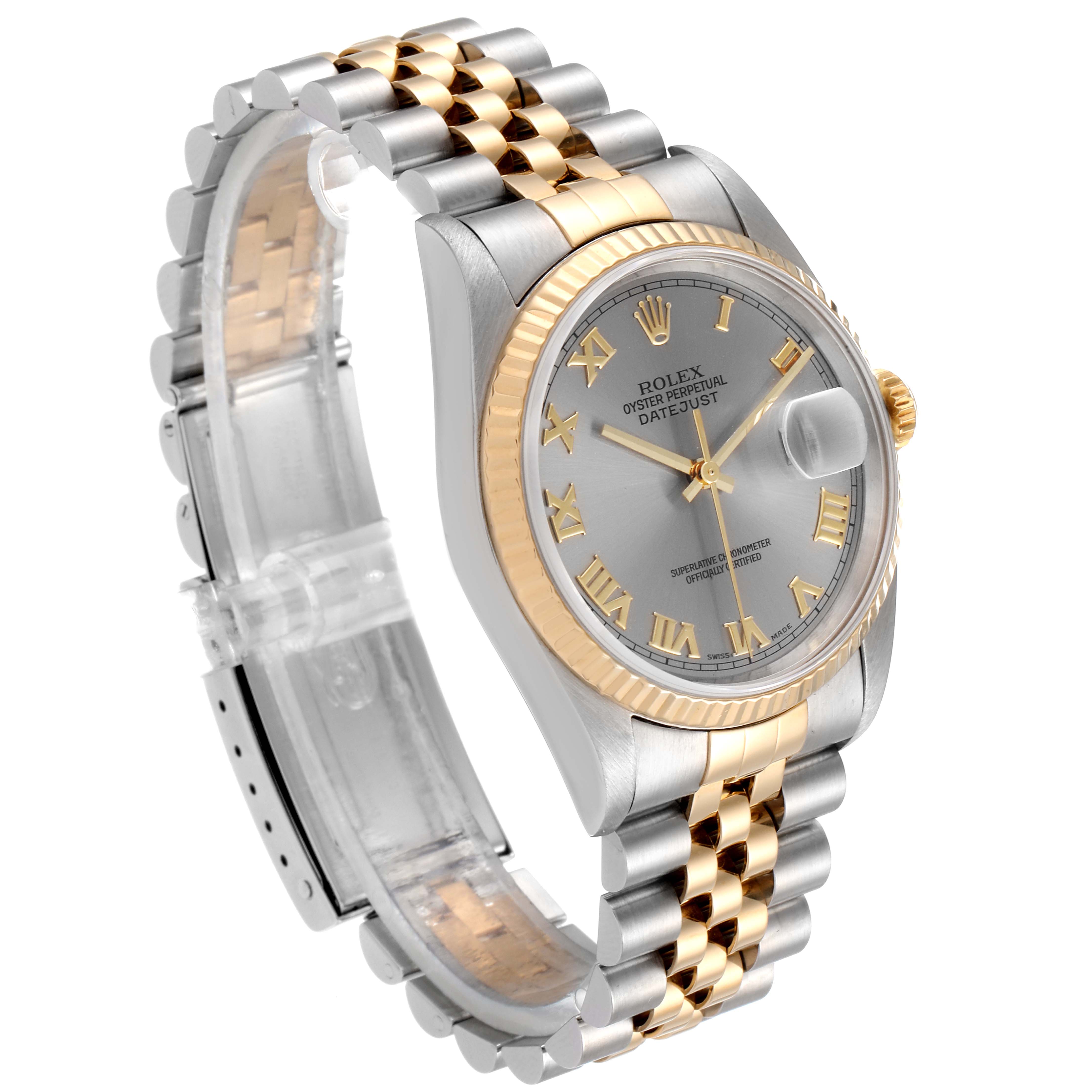 The image shows a side angle of the Rolex Datejust 16233 Men's Steel and Gold (two tone) Grey Dial 16233 Men's Steel and Gold (two tone) Grey Dial watch, highlighting its dial, bezel, and part of the bracelet.