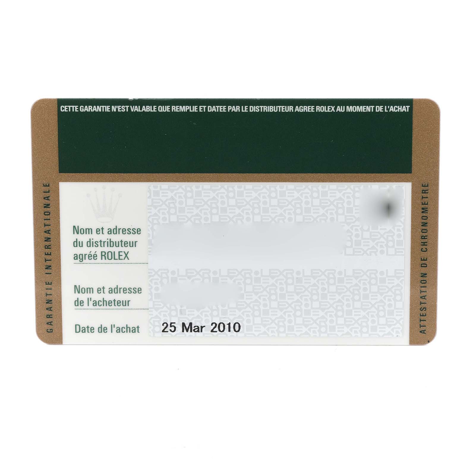 This is a warranty card for the Rolex President 218238 Men's Yellow Gold Champagne Dial 218238 Men's Yellow Gold Champagne Dial model, showing purchase and distributor details.