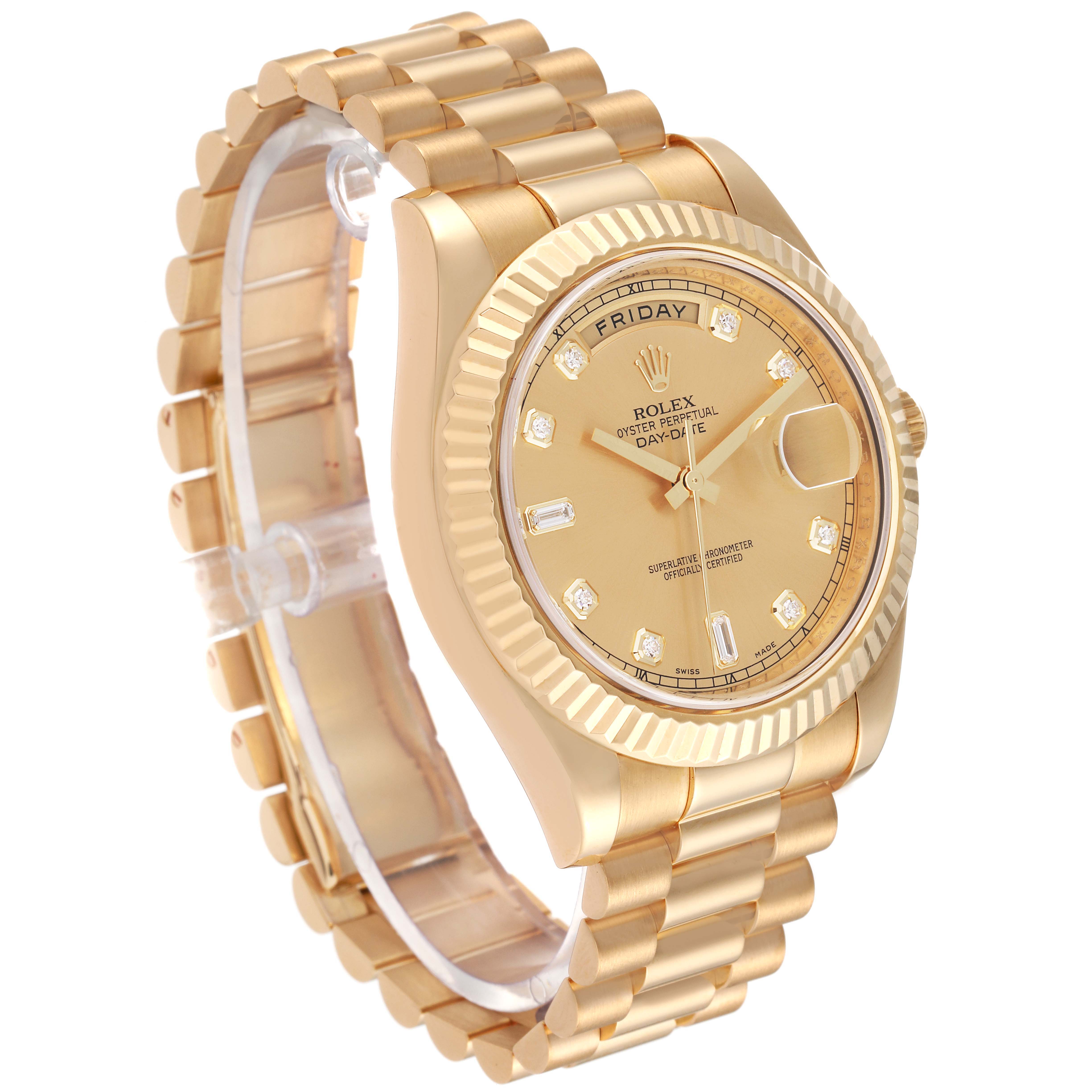 The image shows a side angle of the Rolex President 218238 Men's Yellow Gold Champagne Dial 218238 Men's Yellow Gold Champagne Dial model watch, highlighting the dial, bezel, and bracelet.
