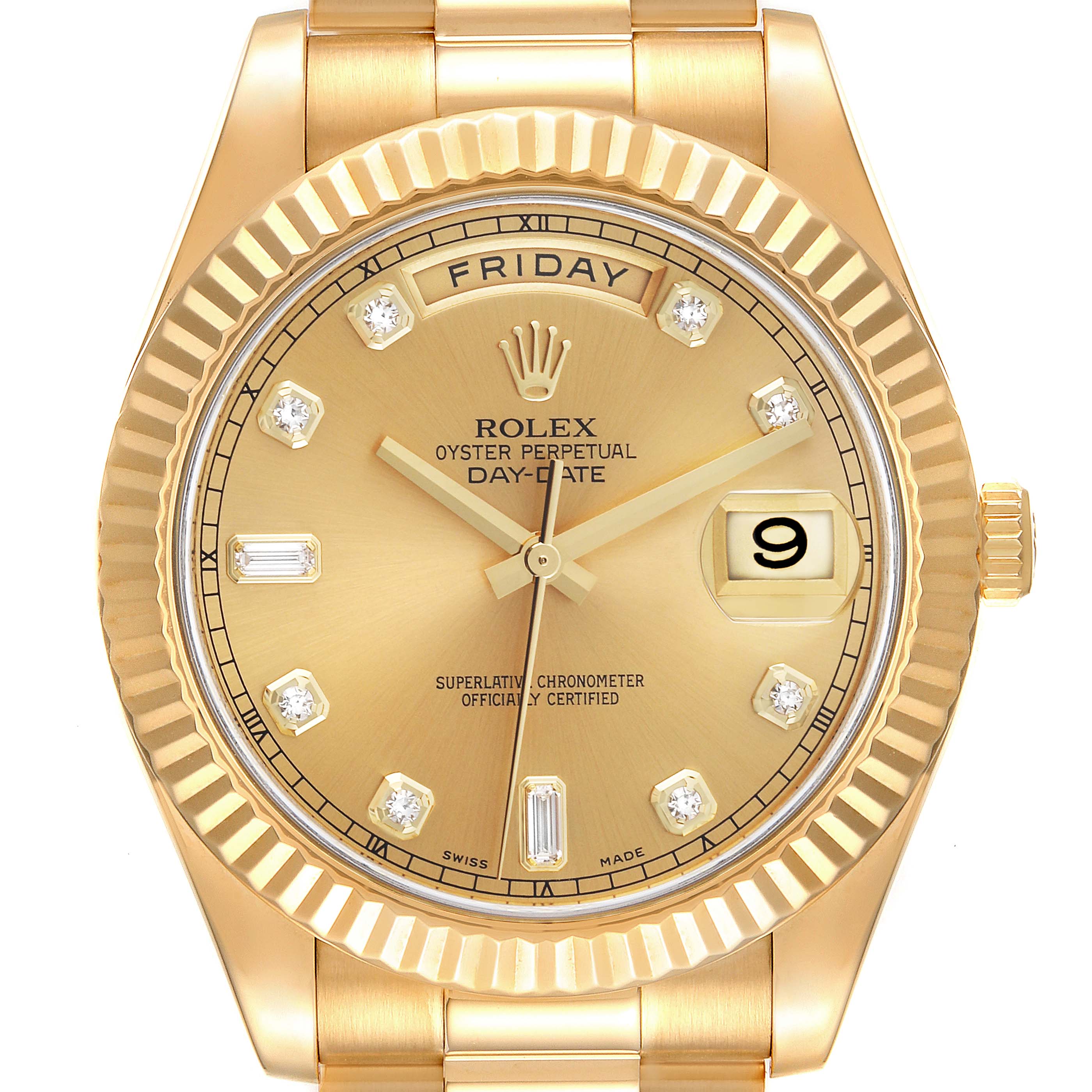 This is a front view of the Rolex President 218238 Men's Yellow Gold Champagne Dial 218238 Men's Yellow Gold Champagne Dial model watch, showing the dial, bezel, day, and date indicators.