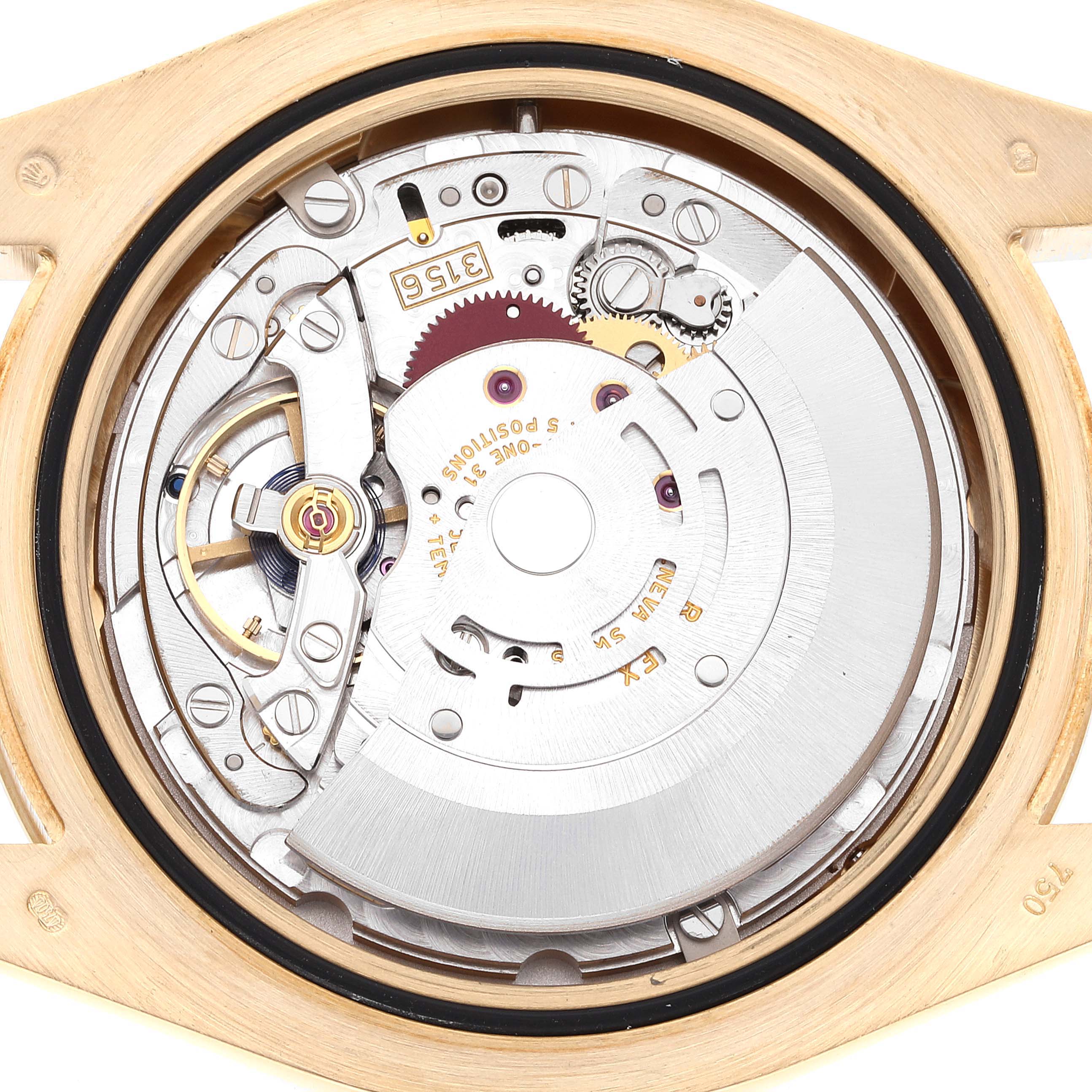 This image shows the internal movement of a Rolex President 218238 Men's Yellow Gold Champagne Dial 218238 Men's Yellow Gold Champagne Dial model watch from a top-down angle.
