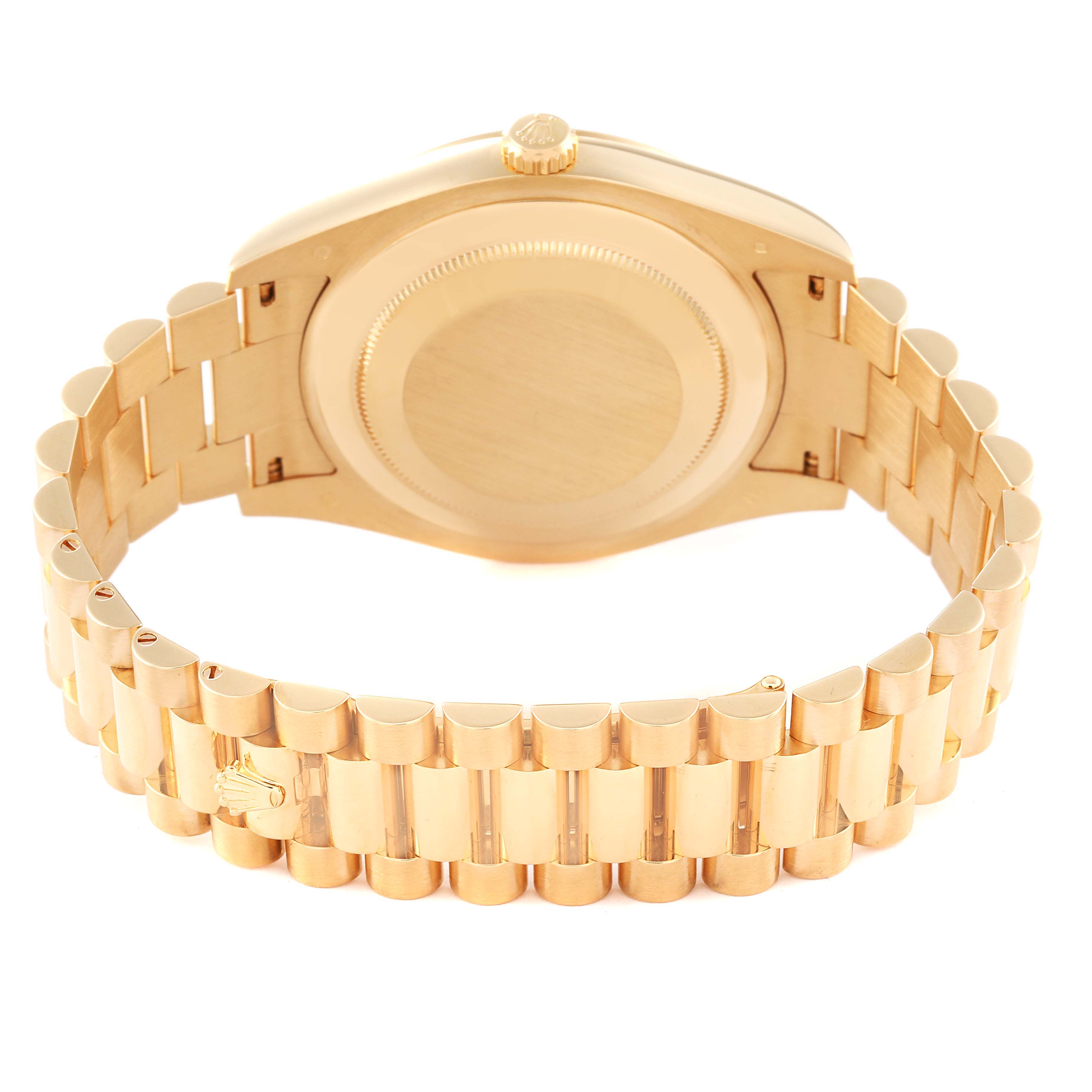 This image shows the back and bracelet of a Rolex President 218238 Men's Yellow Gold Champagne Dial 218238 Men's Yellow Gold Champagne Dial model watch from a rear angle.