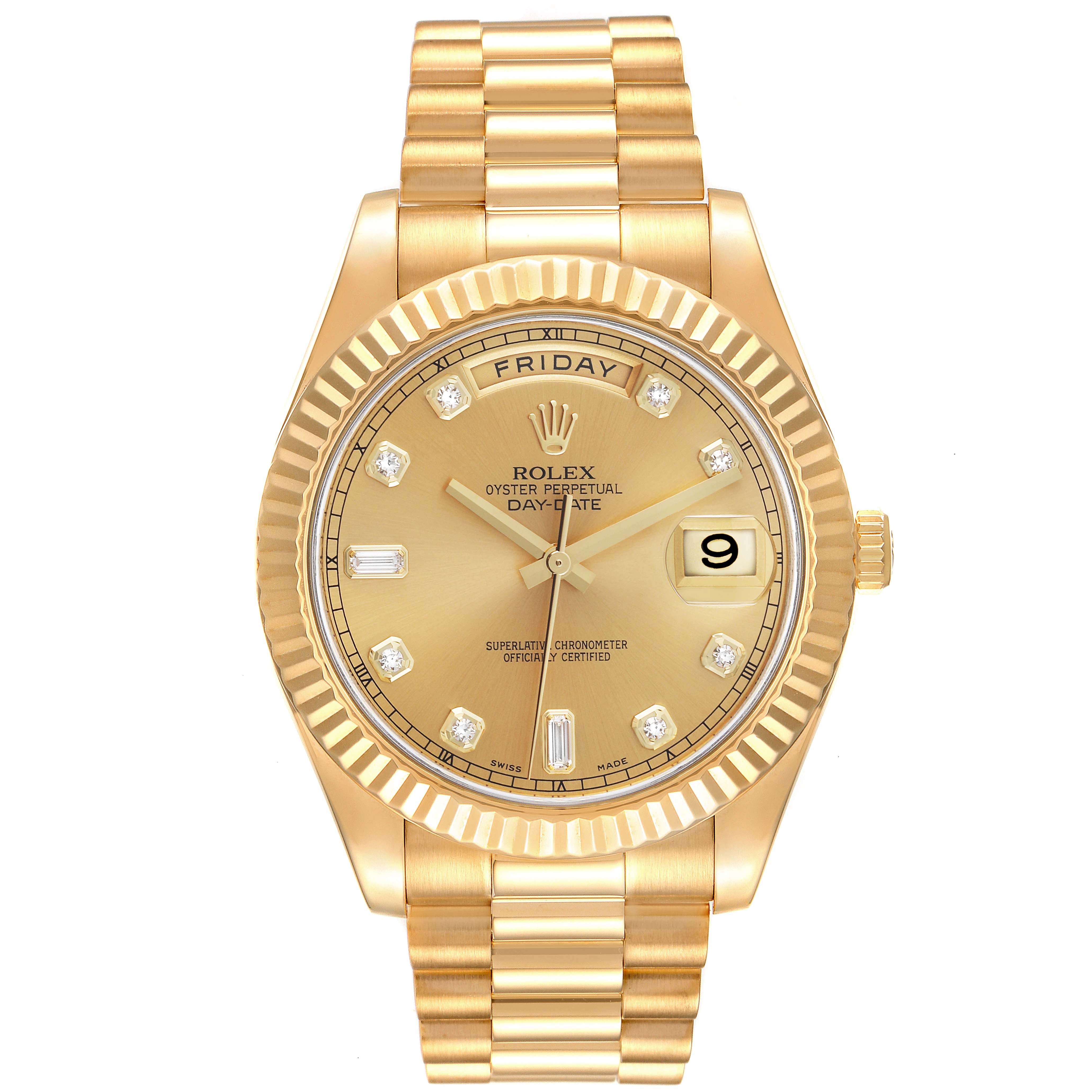 The image shows a front view of a Rolex President 218238 Men's Yellow Gold Champagne Dial 218238 Men's Yellow Gold Champagne Dial model watch, displaying the dial, bezel, and bracelet.
