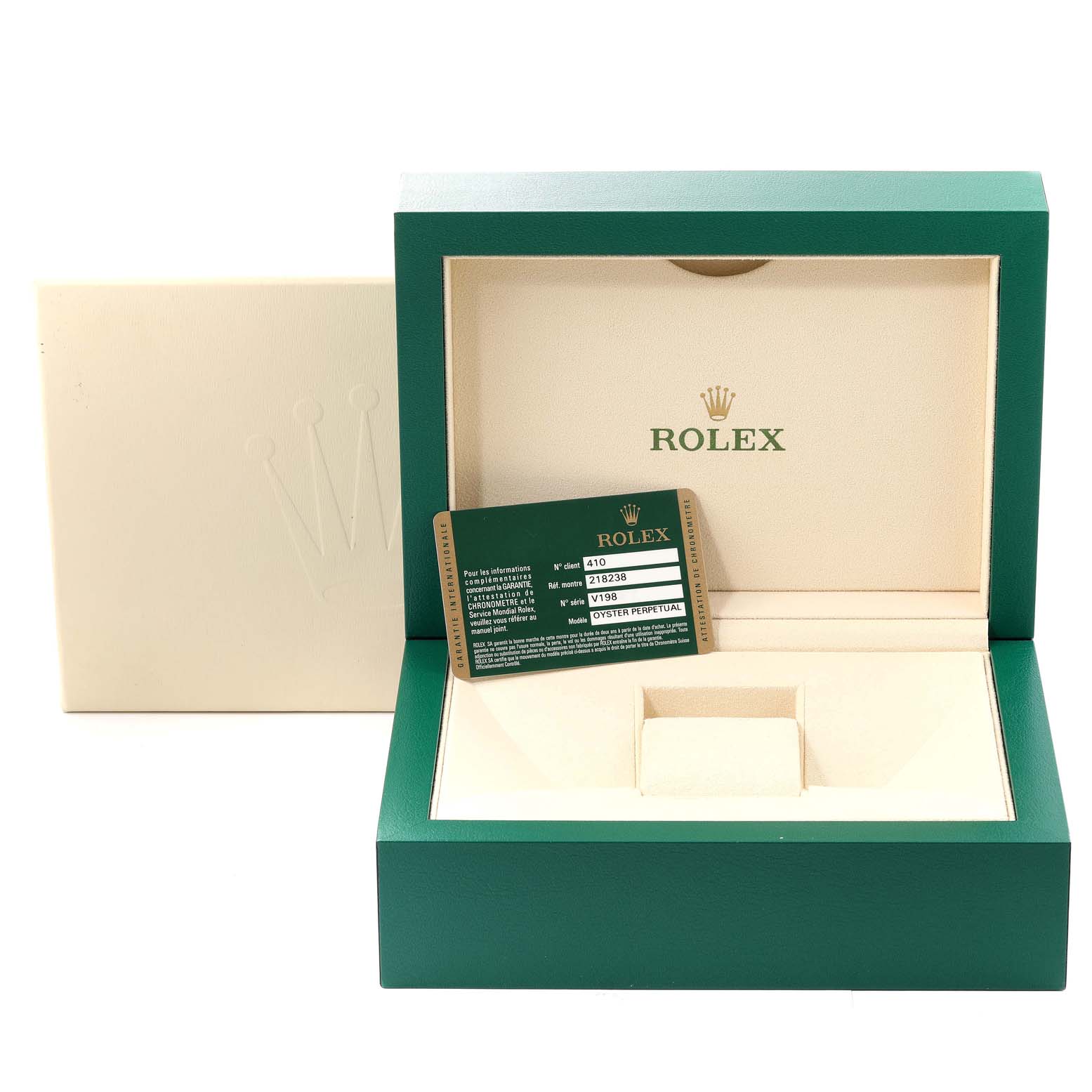 The image shows the opened packaging box for a Rolex President 218238 Men's Yellow Gold Champagne Dial 218238 Men's Yellow Gold Champagne Dial model watch, along with an authentication card.