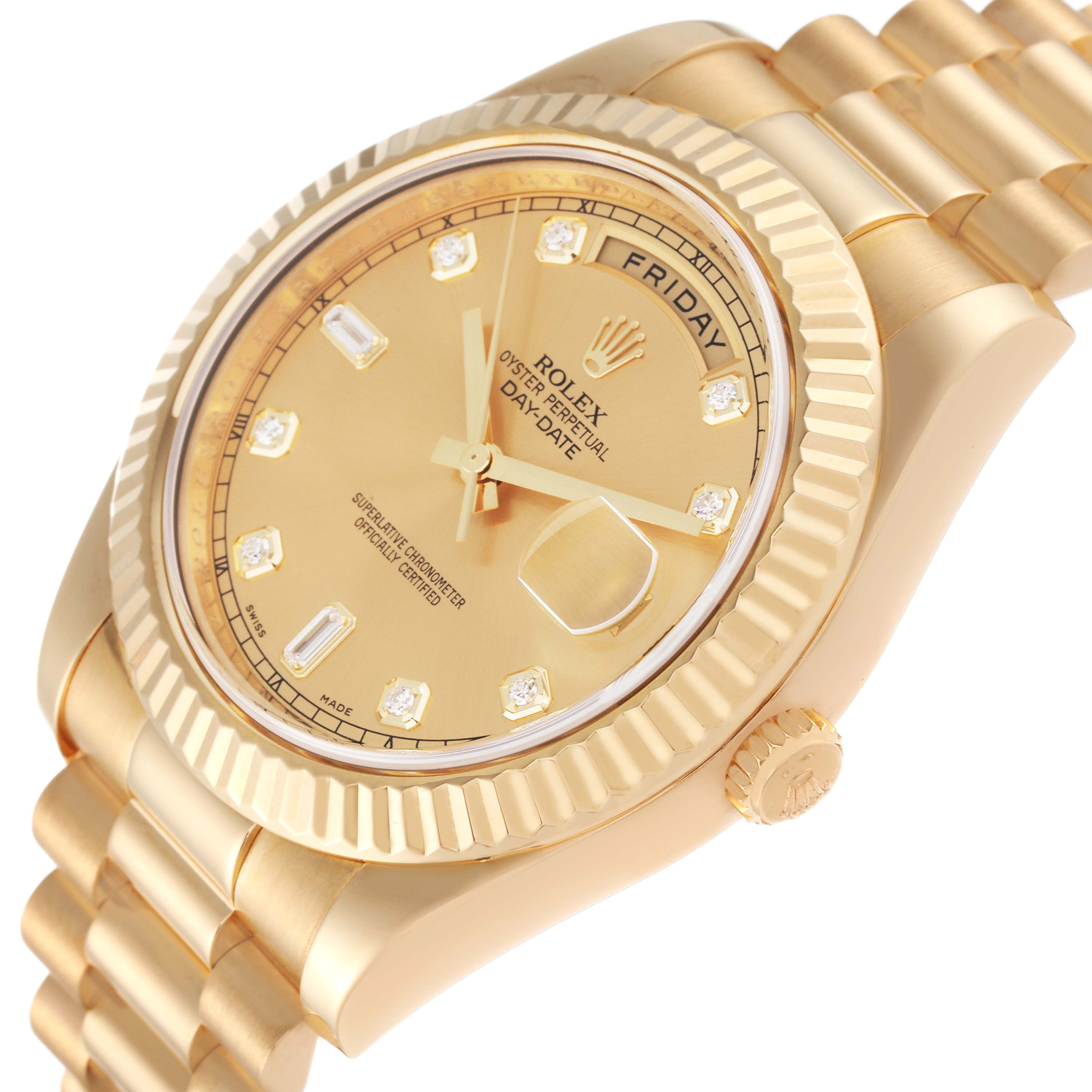 This image shows a Rolex President 218238 Men's Yellow Gold Champagne Dial 218238 Men's Yellow Gold Champagne Dial watch at a slight angle, highlighting the face, bezel, and part of the bracelet.
