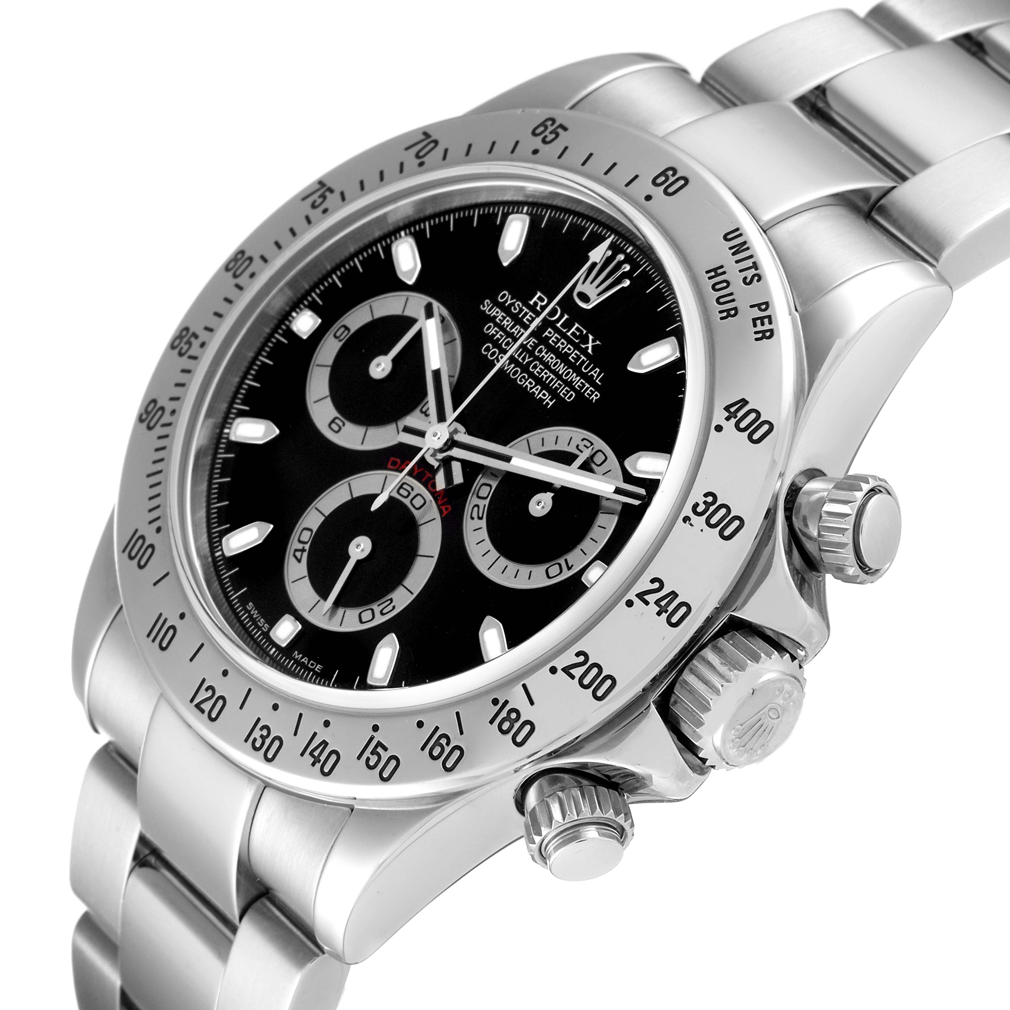 This image shows a close-up angle of a Rolex Daytona 116520 Men's Stainless Steel Black Dial 116520 Men's Stainless Steel Black Dial watch, highlighting the bezel, dial, sub-dials, and crown.