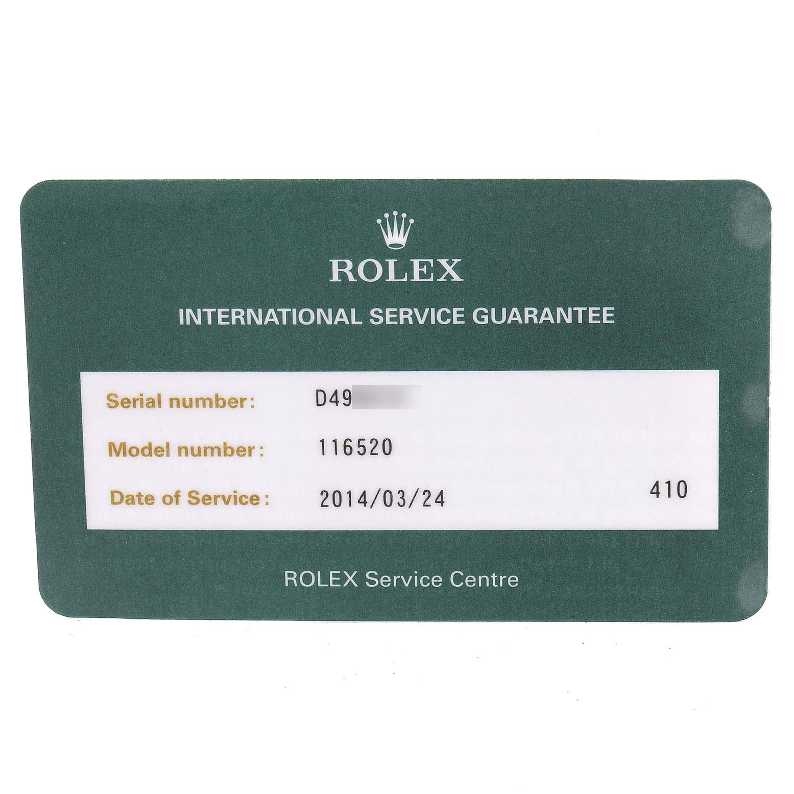 This image shows a Rolex International Service Guarantee card for a Rolex Daytona 116520 Men's Stainless Steel Black Dial 116520 Men's Stainless Steel Black Dial model 116520.
