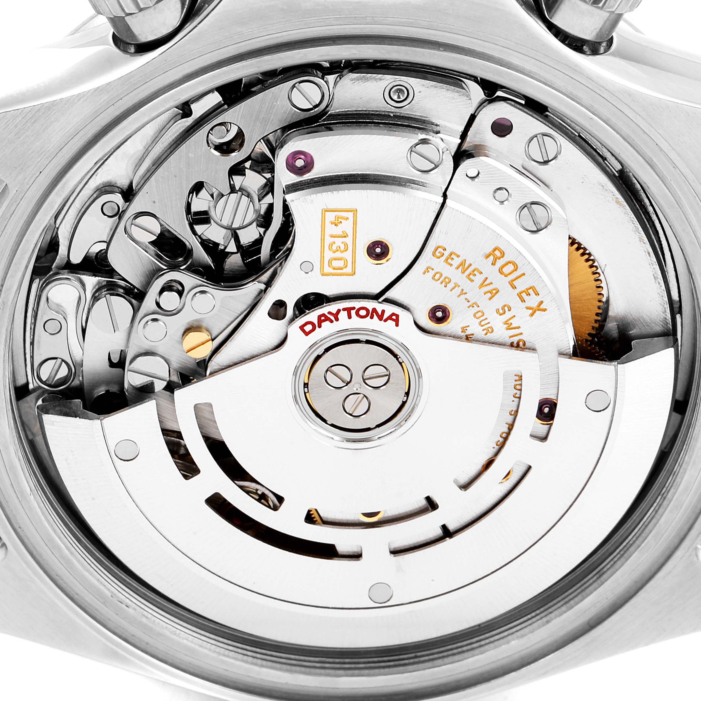 This is a close-up view of the movement mechanism of a Rolex Daytona 116520 Men's Stainless Steel Black Dial 116520 Men's Stainless Steel Black Dial watch.