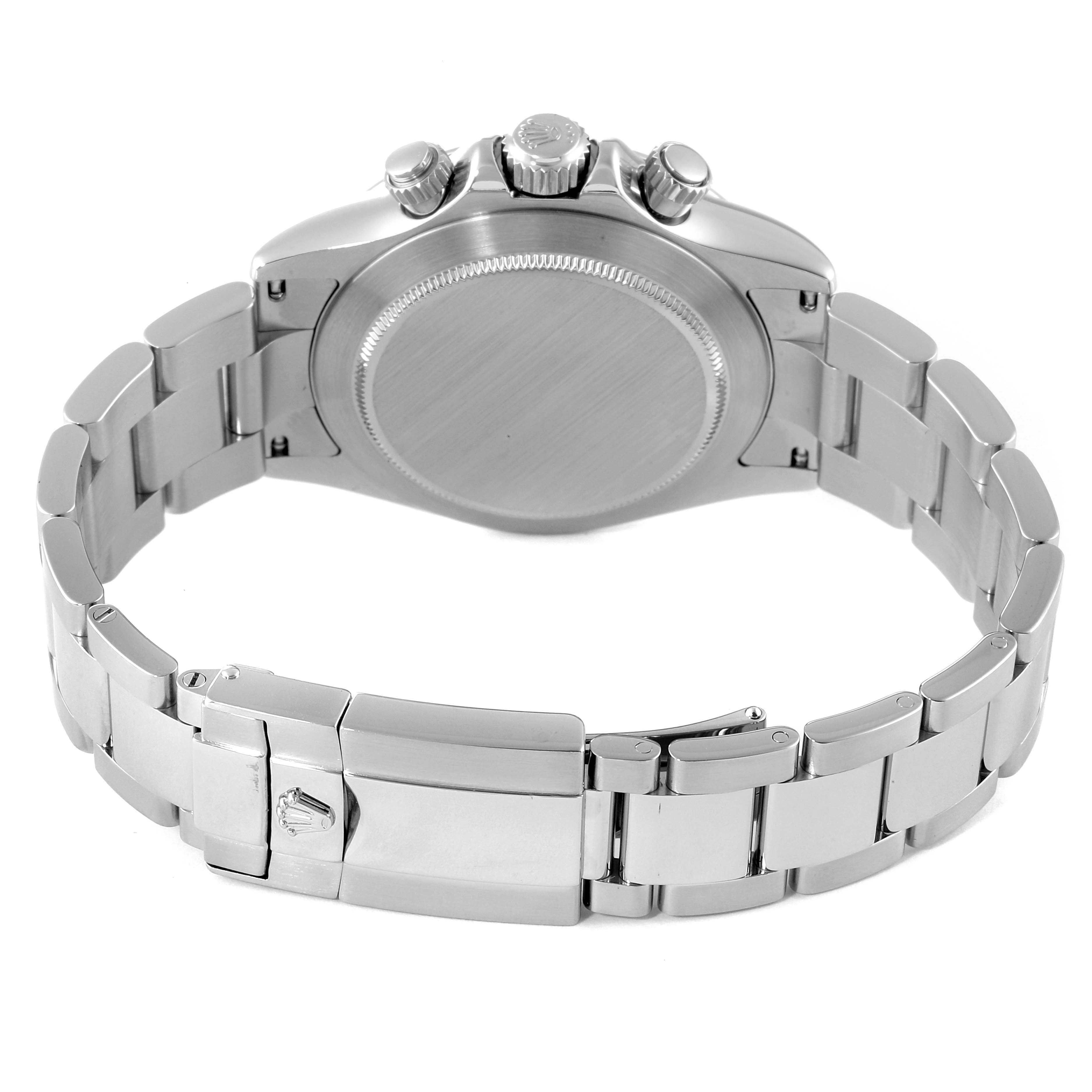 The image shows the back view of a Rolex Daytona 116520 Men's Stainless Steel Black Dial 116520 Men's Stainless Steel Black Dial watch, highlighting the case back and the metal bracelet with clasp.