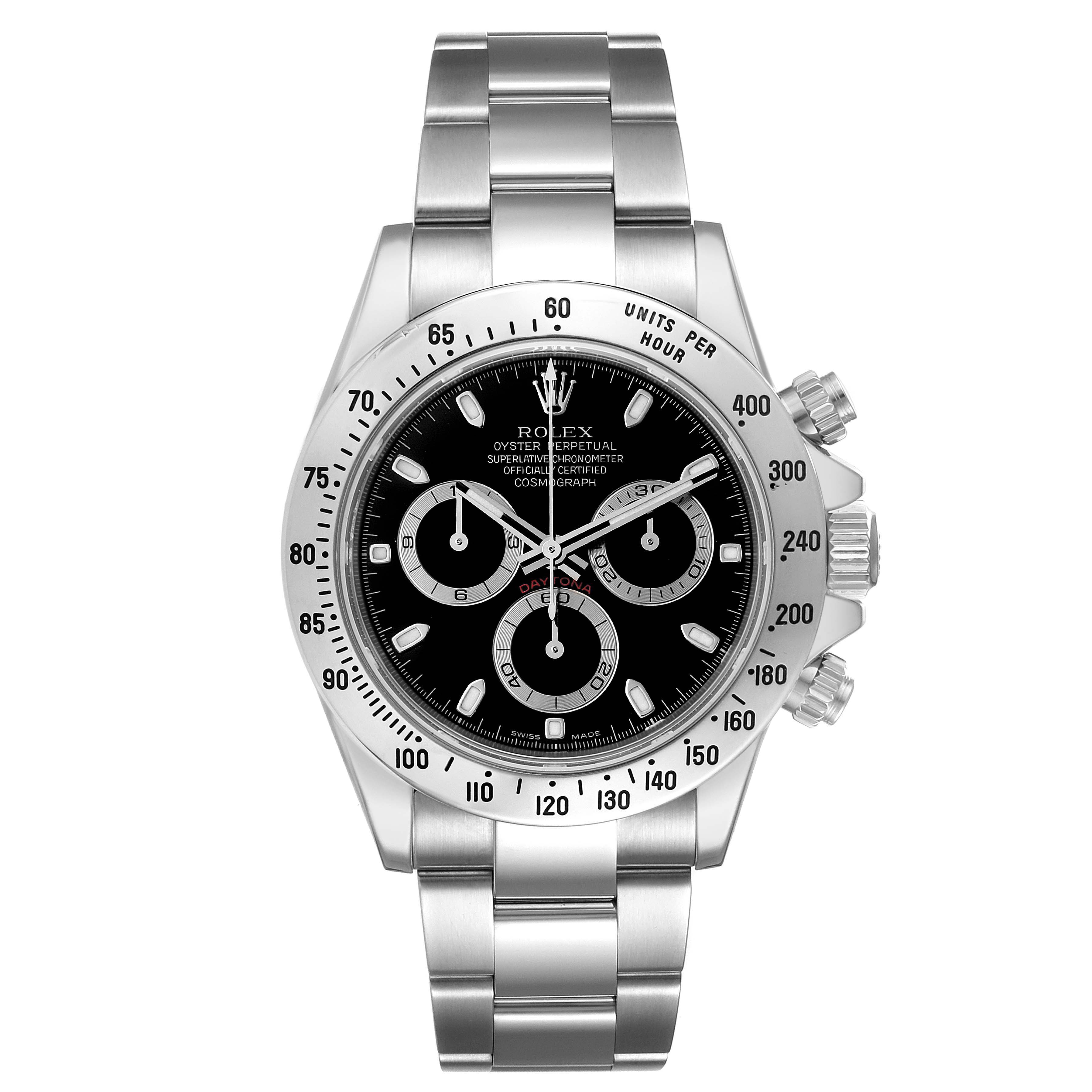 This image shows a front view of the Rolex Daytona 116520 Men's Stainless Steel Black Dial 116520 Men's Stainless Steel Black Dial watch, highlighting its dial, bezel, and bracelet.