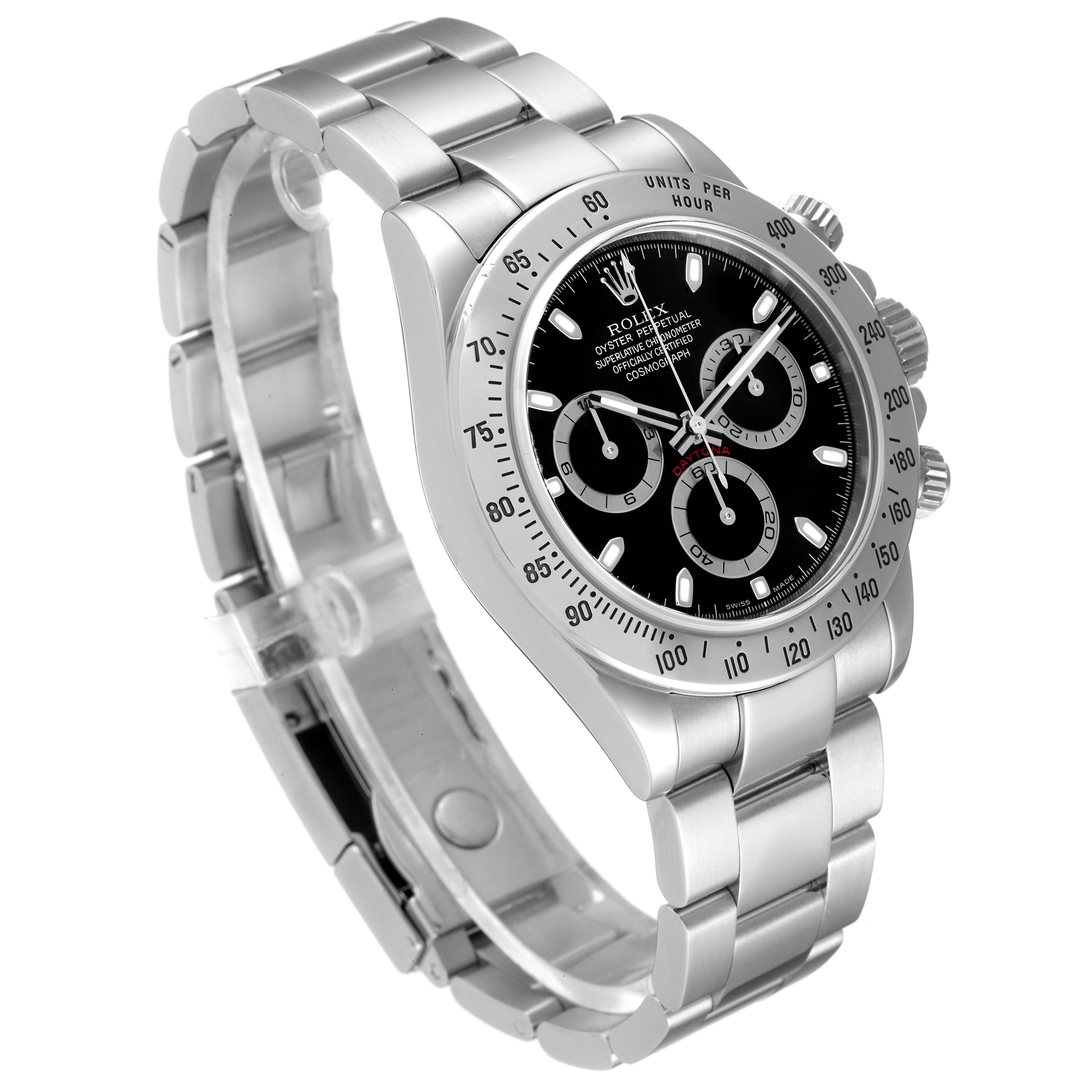 The image shows a Rolex Daytona 116520 Men's Stainless Steel Black Dial 116520 Men's Stainless Steel Black Dial watch from an angled upper view, highlighting the face, bezel, and stainless steel bracelet.