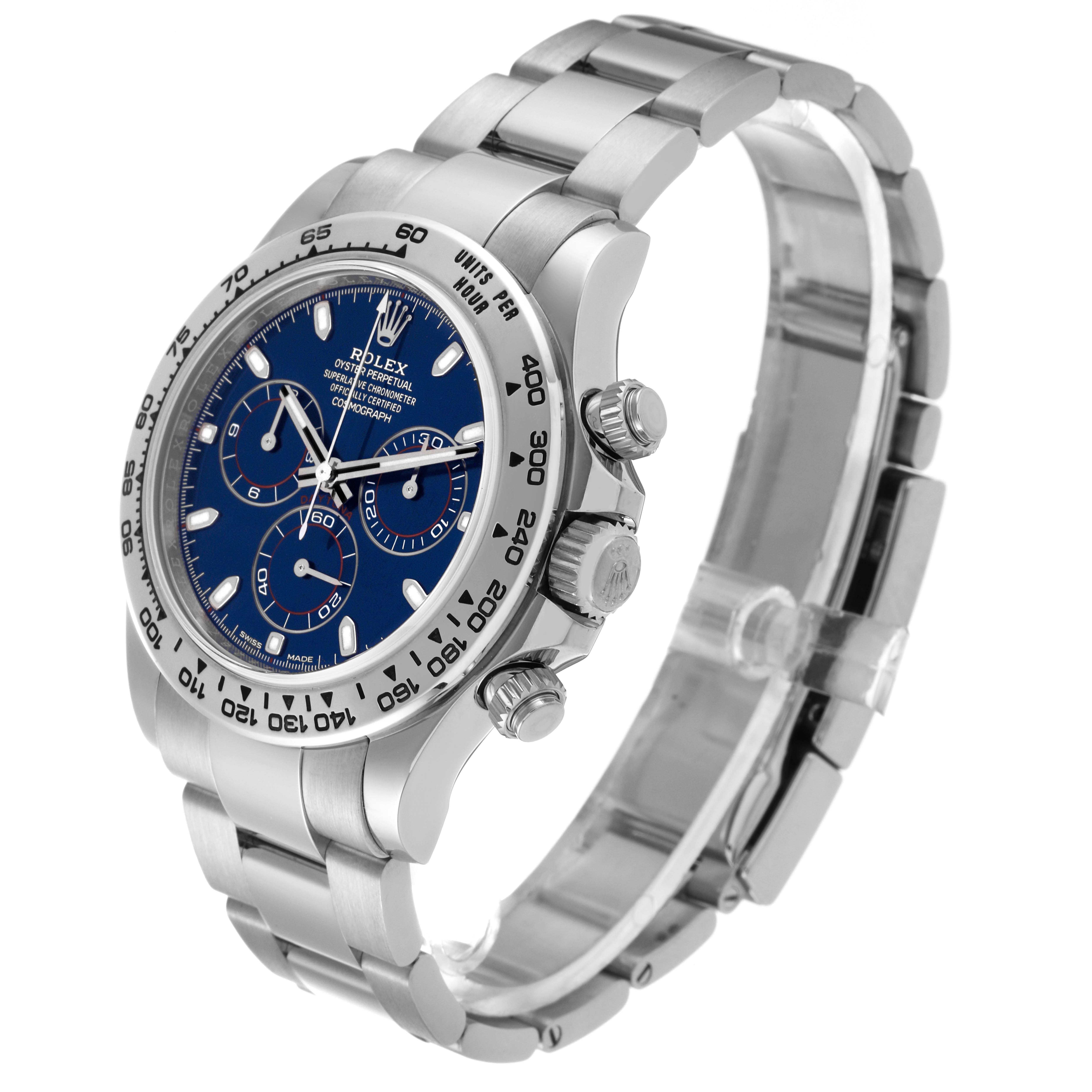 This Rolex Daytona 116509 Men's White Gold Blue Dial 116509 Men's White Gold Blue Dial watch is shown at a three-quarter angle, highlighting the bezel, dial, crown, pushers, and bracelet.