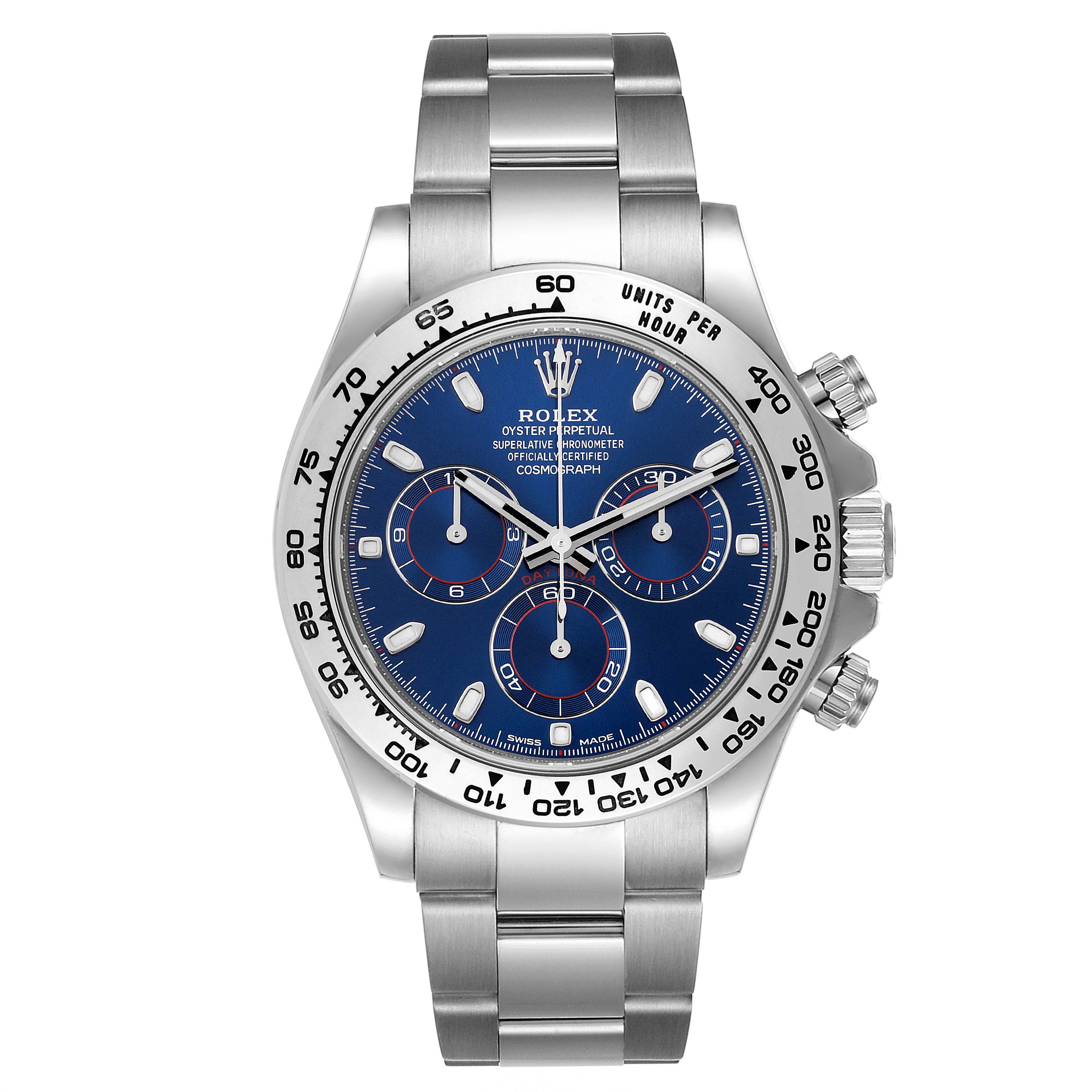 The image shows a frontal view of a Rolex Daytona 116509 Men's White Gold Blue Dial 116509 Men's White Gold Blue Dial watch with a blue dial and stainless steel bracelet.