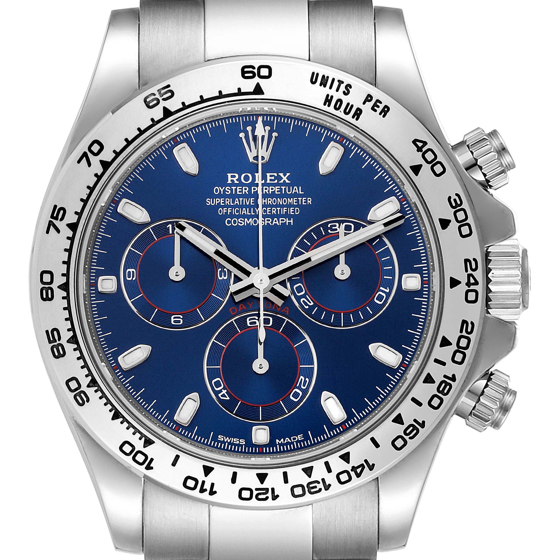 This image shows a frontal view of the Rolex Daytona 116509 Men's White Gold Blue Dial 116509 Men's White Gold Blue Dial watch featuring its face, dials, bezel, and bracelet.