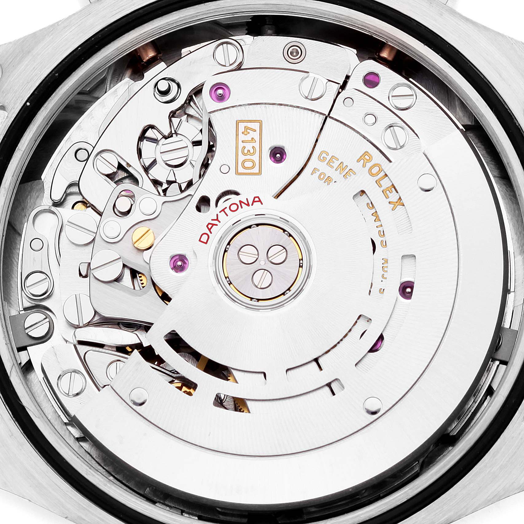 This image shows a close-up of the movement mechanism inside the Rolex Daytona 116509 Men's White Gold Blue Dial 116509 Men's White Gold Blue Dial watch, viewed from the rear.