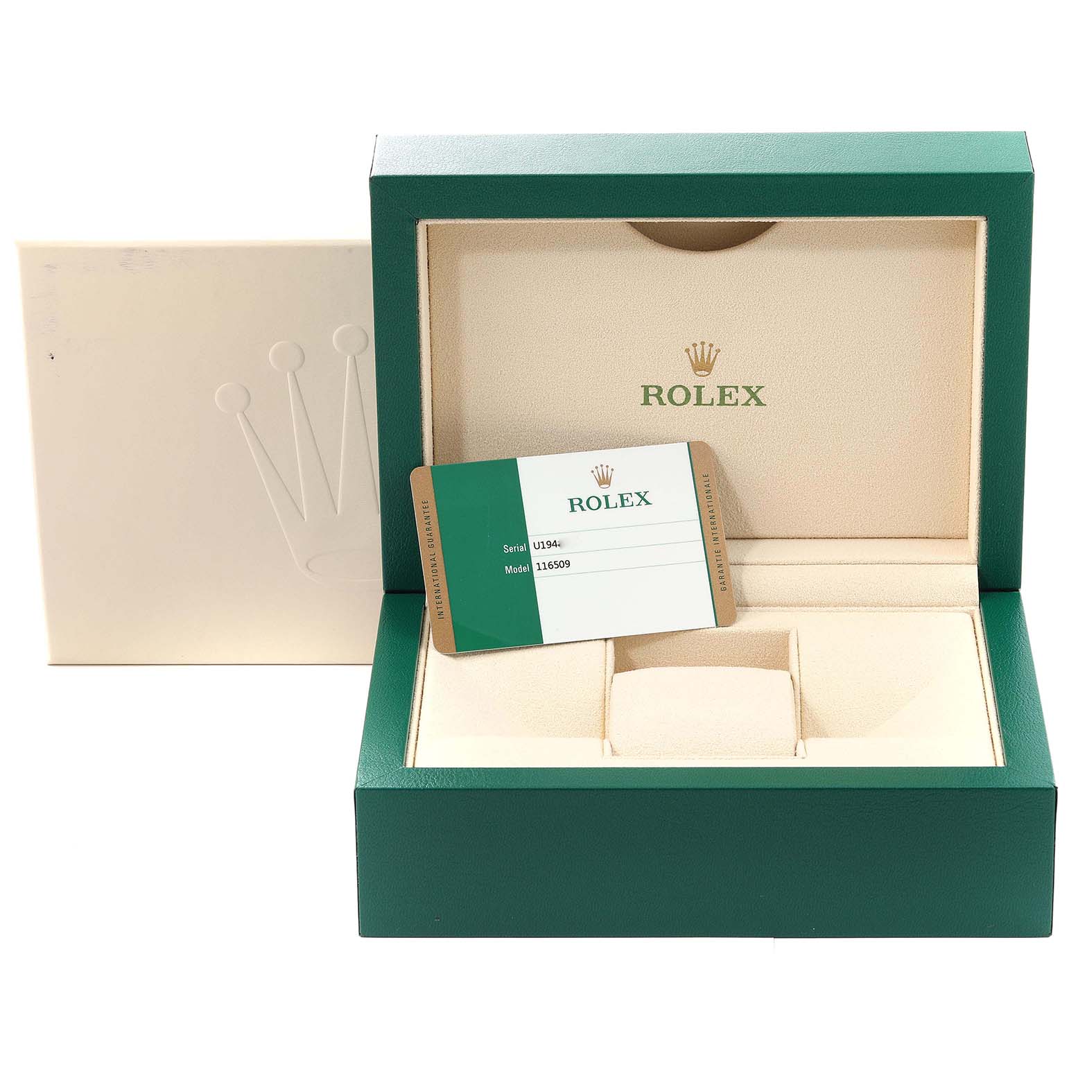 The image shows the open box of a Rolex Daytona 116509 Men's White Gold Blue Dial 116509 Men's White Gold Blue Dial watch, displaying the inner packaging and authenticity card.