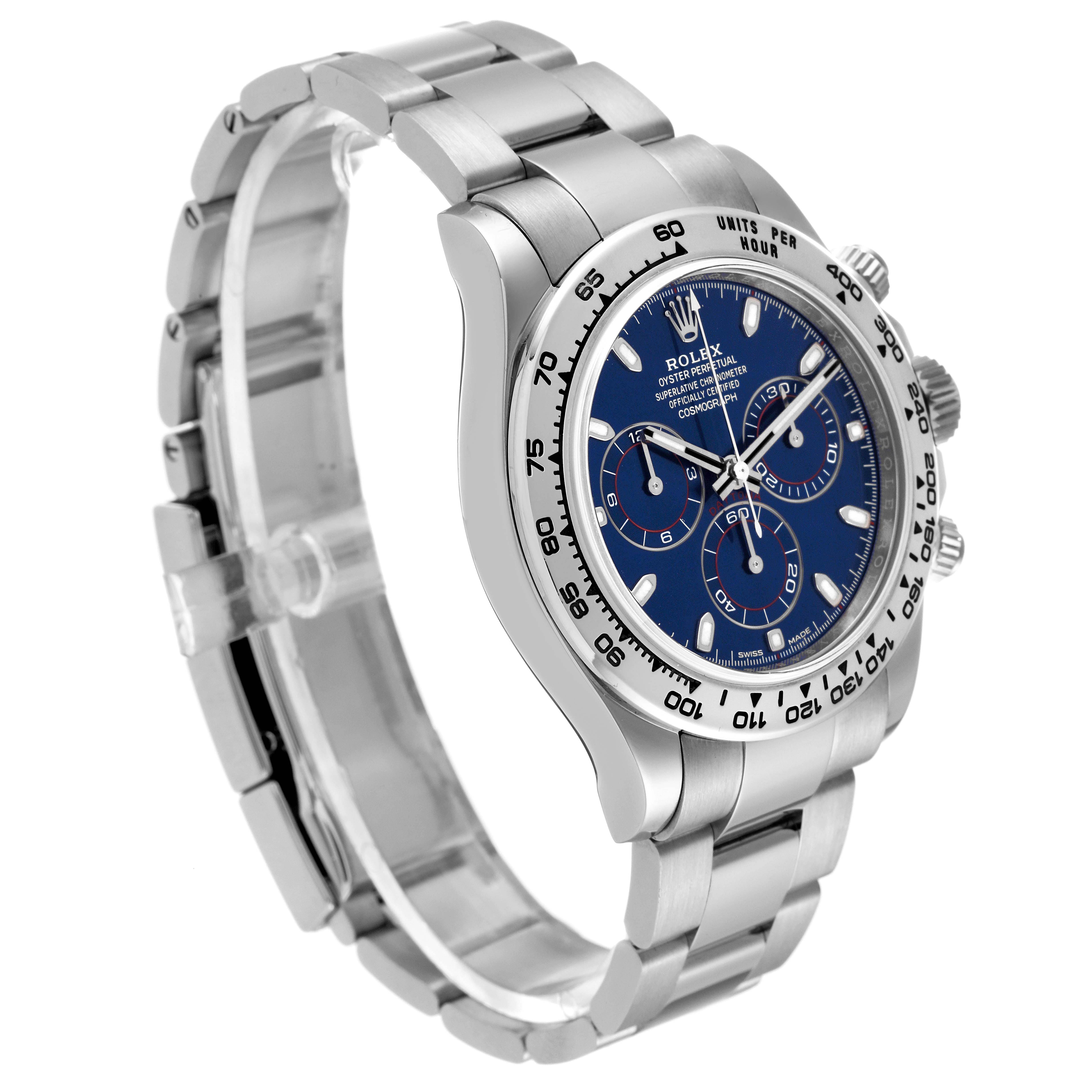 This image shows the front and side view of a Rolex Daytona 116509 Men's White Gold Blue Dial 116509 Men's White Gold Blue Dial watch, highlighting its blue dial, bezel, and bracelet.