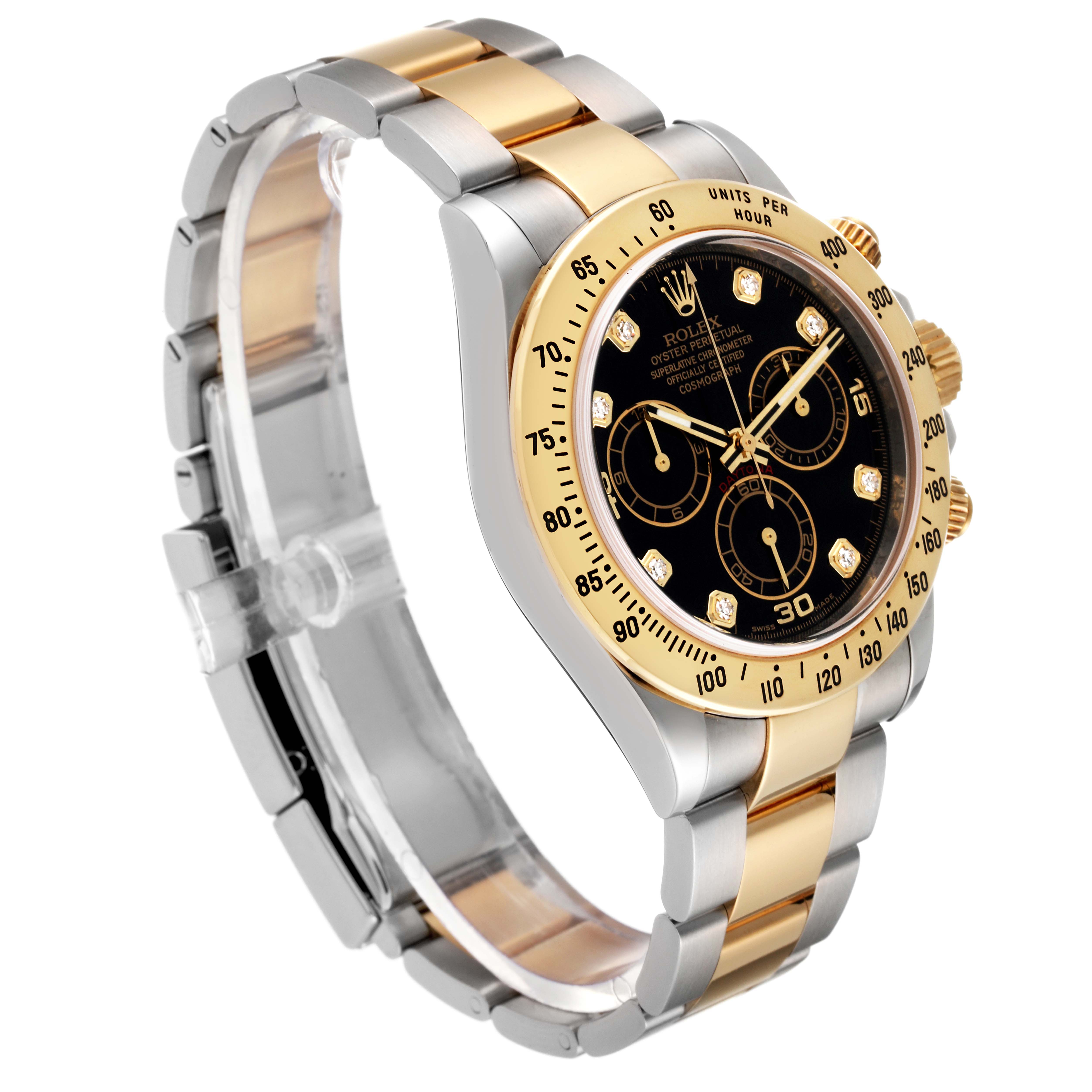 The image shows a side angle of a Rolex Daytona 116523 Men
s Steel and Gold (two tone) Black Dial 116523 Men
s Steel and Gold (two tone) Black Dial watch, highlighting its two-tone bracelet and black dial with chronograph sub-dials.