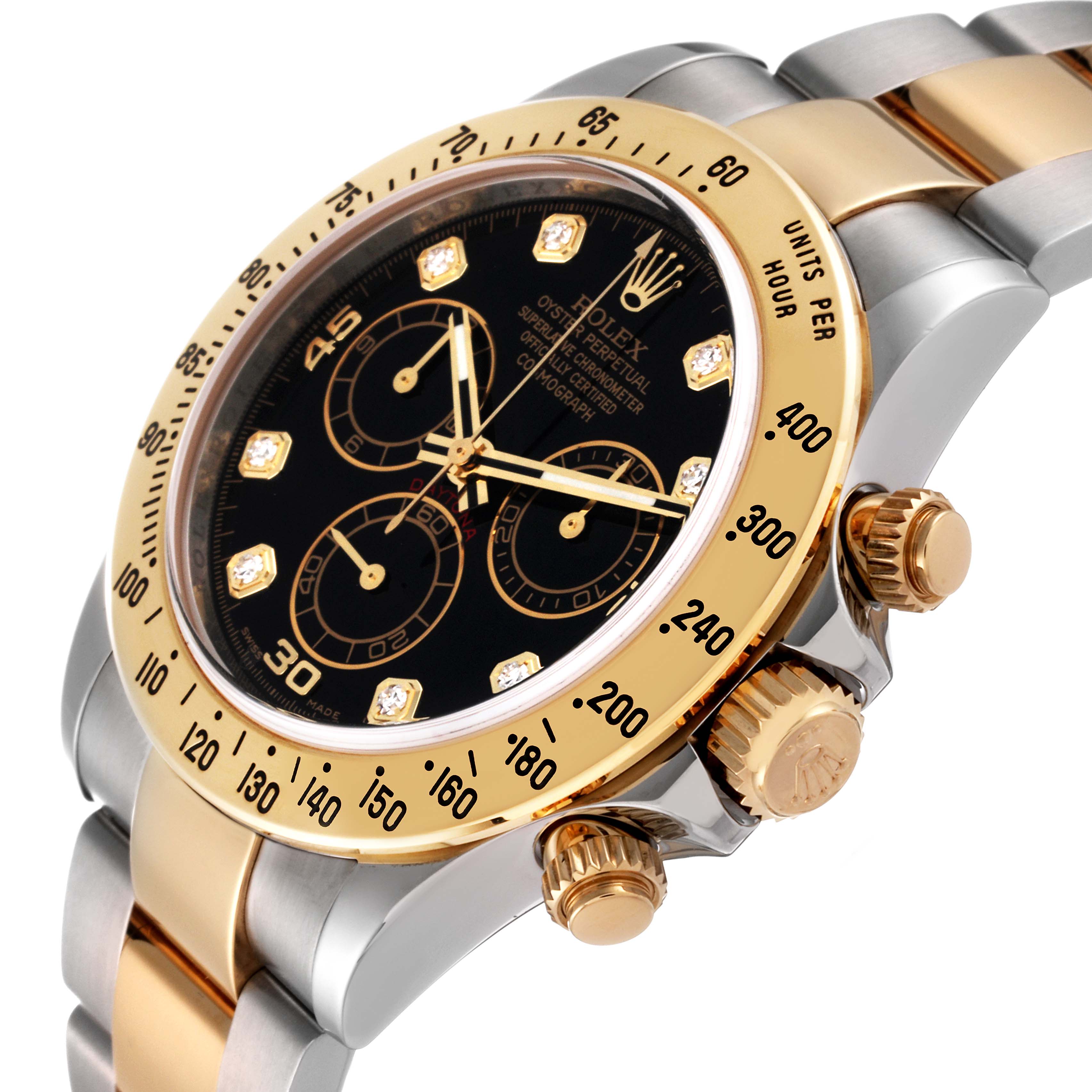 The Rolex Daytona 116523 Men
s Steel and Gold (two tone) Black Dial 116523 Men
s Steel and Gold (two tone) Black Dial watch is shown at an angled close-up, highlighting its bezel, crown, and part of the bracelet.