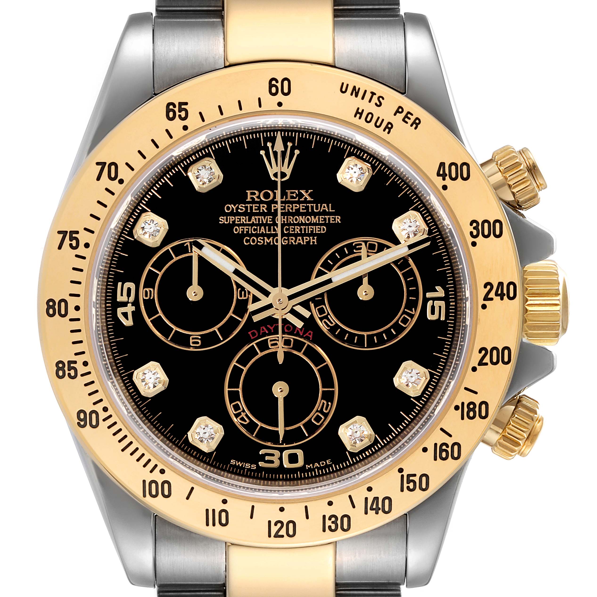 This Rolex Daytona 116523 Men
s Steel and Gold (two tone) Black Dial 116523 Men
s Steel and Gold (two tone) Black Dial watch is shown from a front angle, highlighting its black dial, gold bezel, and chronograph sub-dials.
