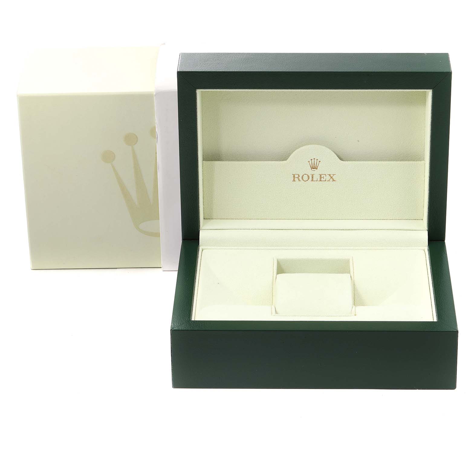 This image shows an open Rolex Daytona 116523 Men
s Steel and Gold (two tone) Black Dial 116523 Men
s Steel and Gold (two tone) Black Dial watch box, displaying the internal compartments and the brand logo.