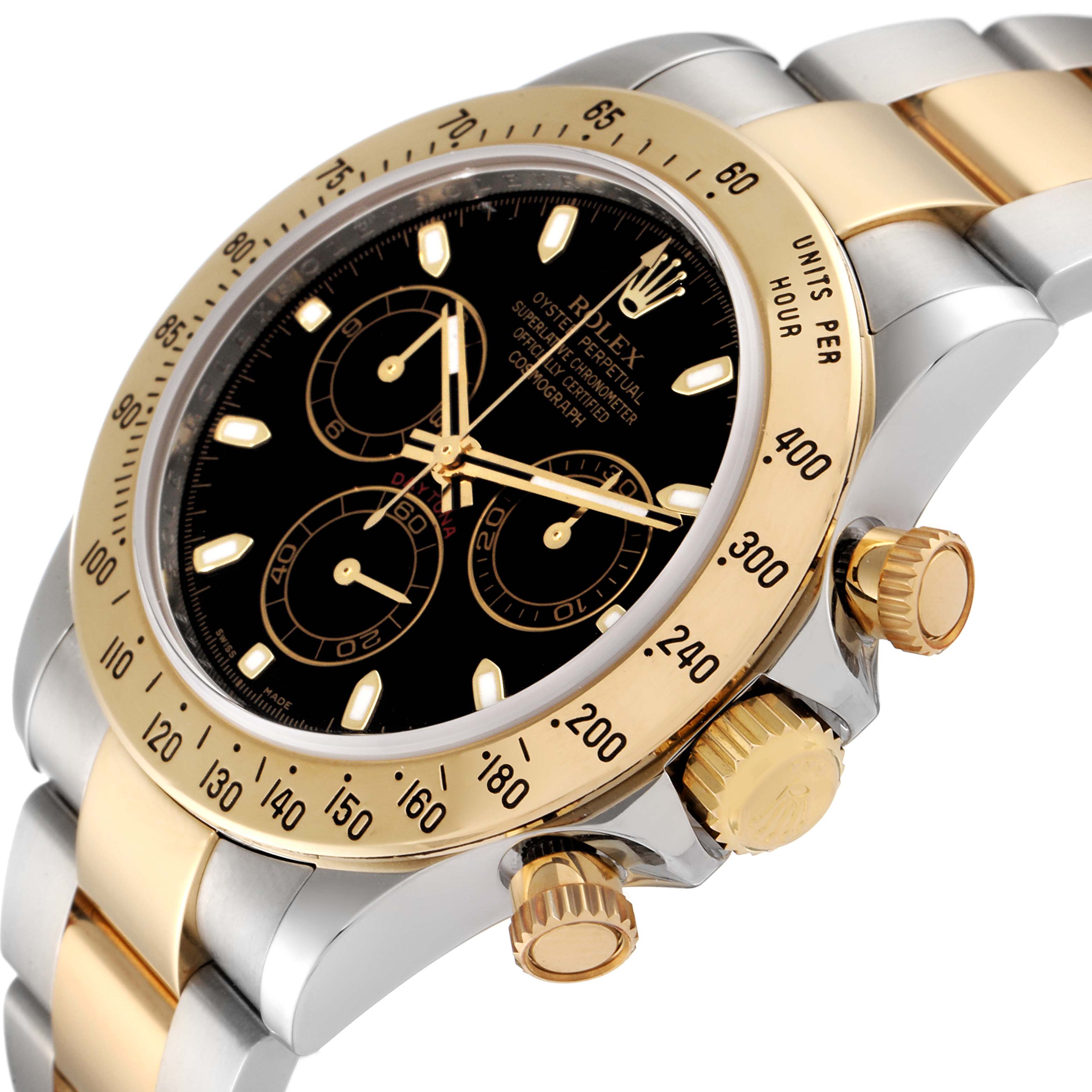 The image shows a close-up angle of a Rolex Daytona 116523 Men
s Steel and Gold (two tone) Black Dial 116523 Men
s Steel and Gold (two tone) Black Dial watch, highlighting the bezel, crown, and part of the bracelet.