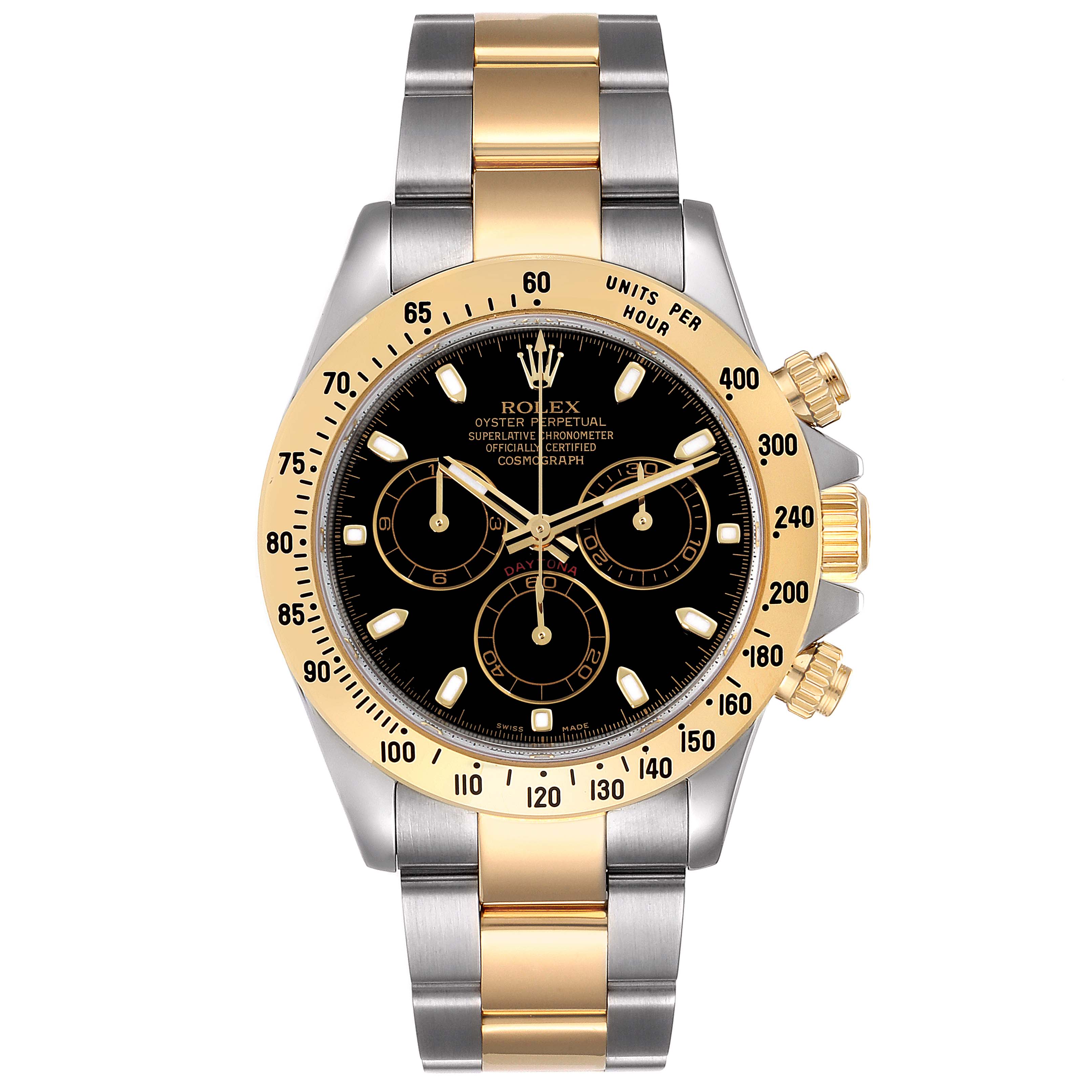 This Rolex Daytona 116523 Men
s Steel and Gold (two tone) Black Dial 116523 Men
s Steel and Gold (two tone) Black Dial watch is shown from a front view, displaying its dial, bezel, case, and two-tone bracelet.