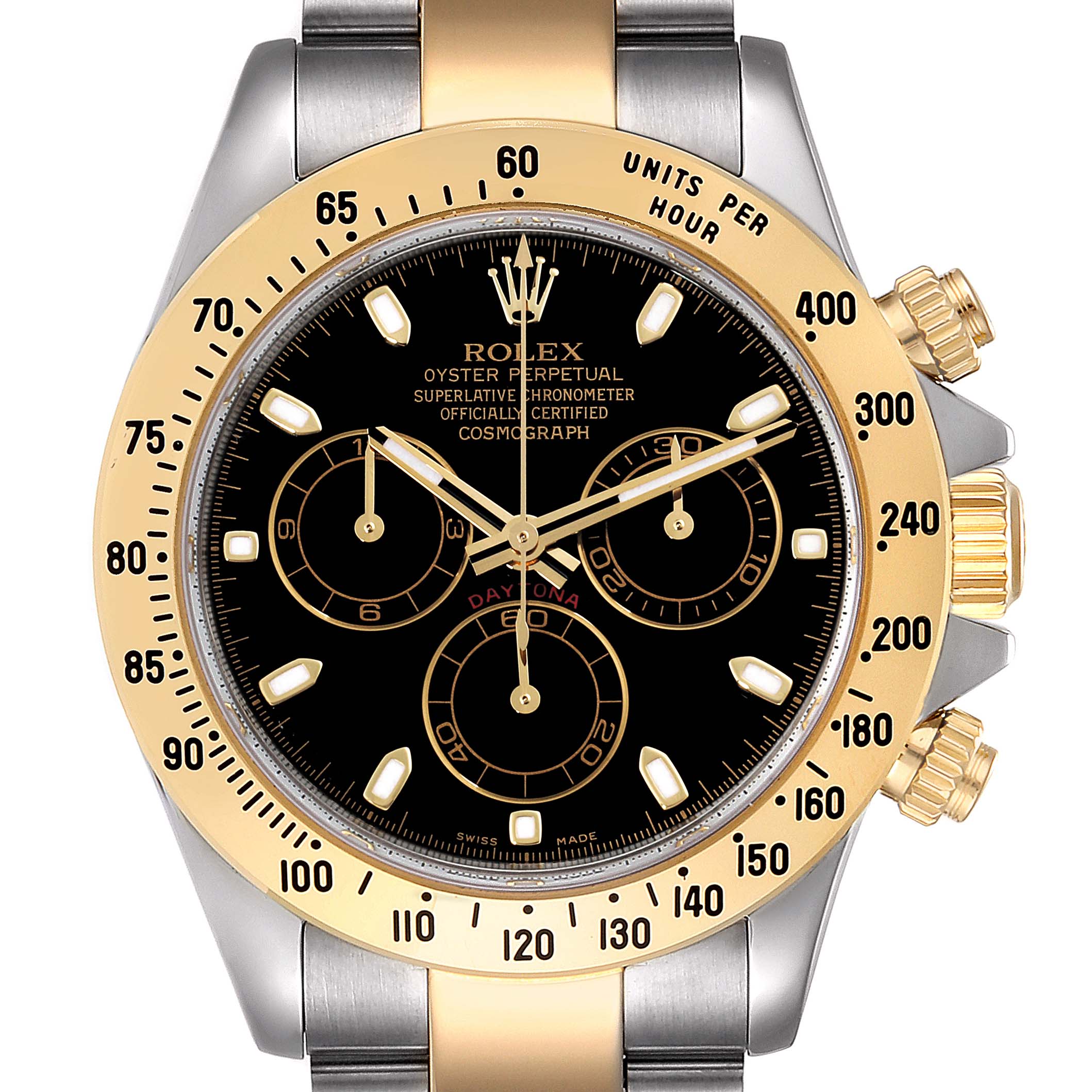 The image shows a frontal view of a Rolex Daytona 116523 Men
s Steel and Gold (two tone) Black Dial 116523 Men
s Steel and Gold (two tone) Black Dial watch with a two-tone bezel, black dial, and stainless steel and gold bracelet.