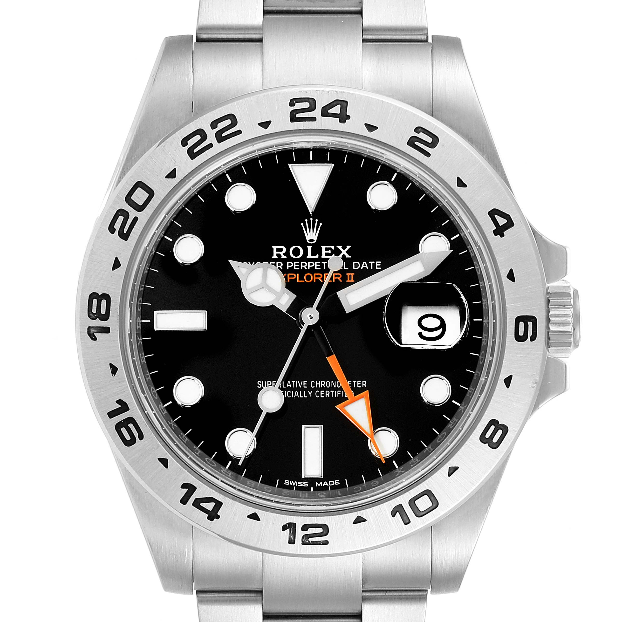 This is a front view of a Rolex Explorer 216570 Men's Stainless Steel Black Dial 216570 Men's Stainless Steel Black Dial watch, showing the dial, bezel, hands, and date window.