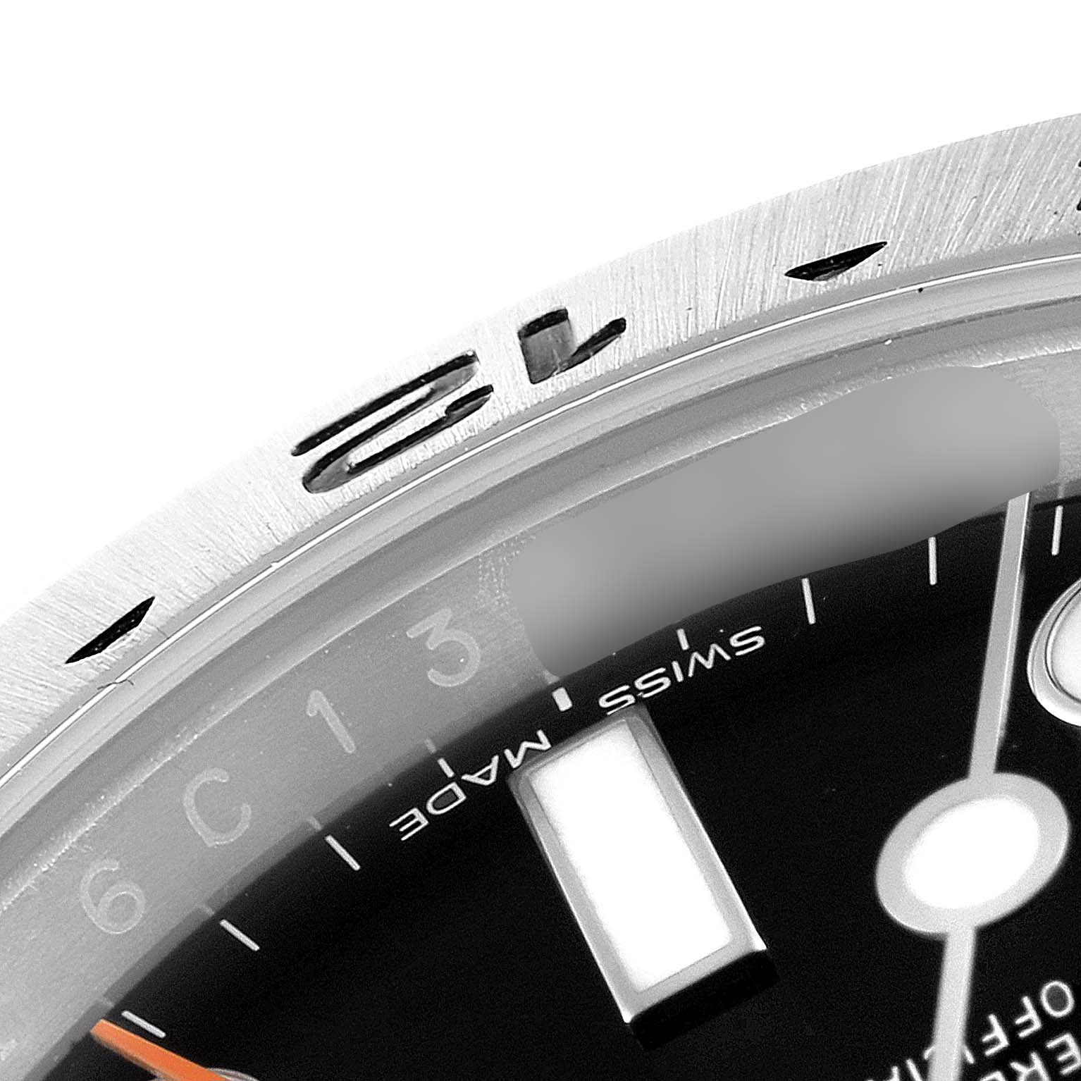 The image shows a close-up of the dial and bezel edge of a Rolex Explorer 216570 Men's Stainless Steel Black Dial 216570 Men's Stainless Steel Black Dial watch, highlighting the "Swiss Made" text.