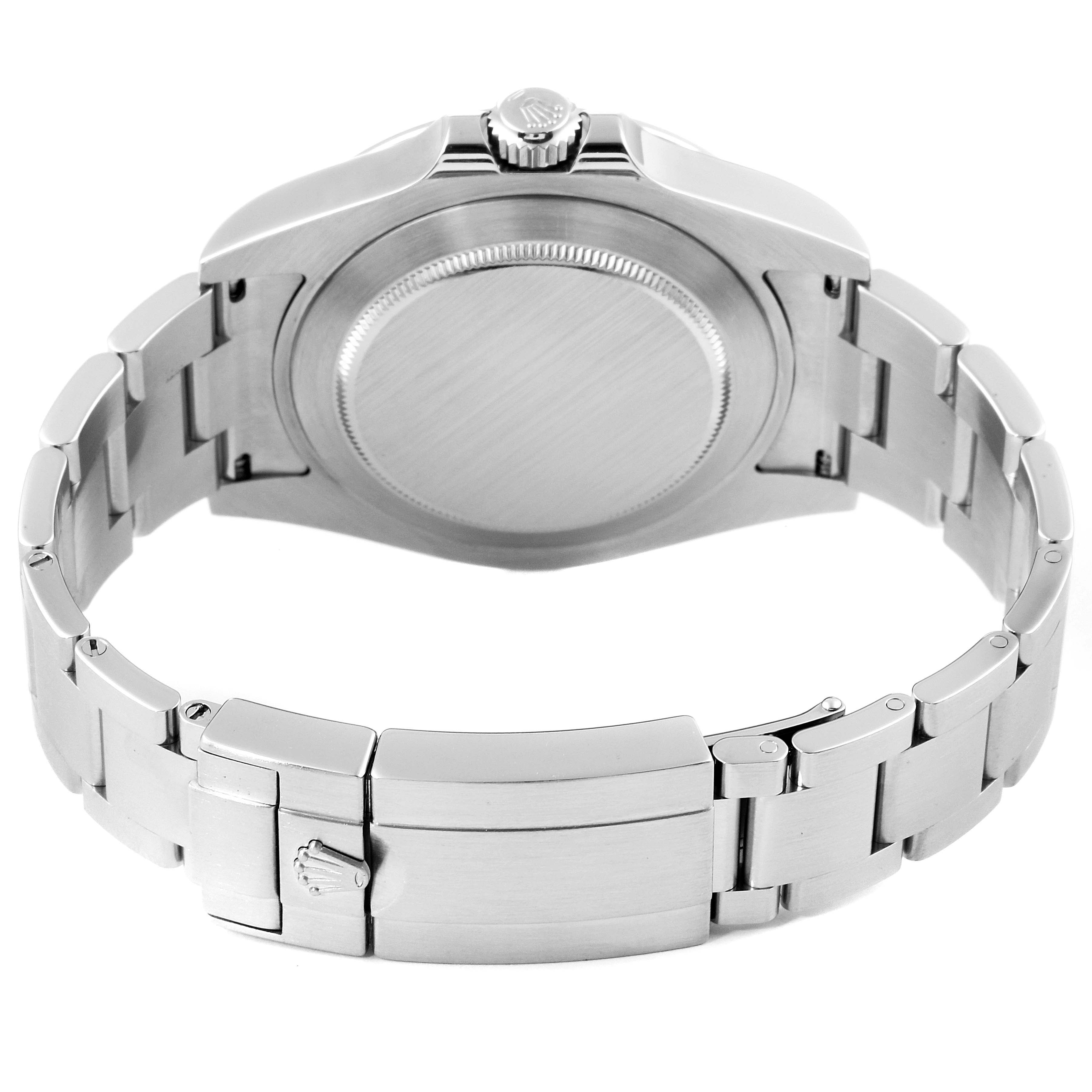 The image shows the back view of the Rolex Explorer 216570 Men's Stainless Steel Black Dial 216570 Men's Stainless Steel Black Dial watch, highlighting its stainless steel case and bracelet.