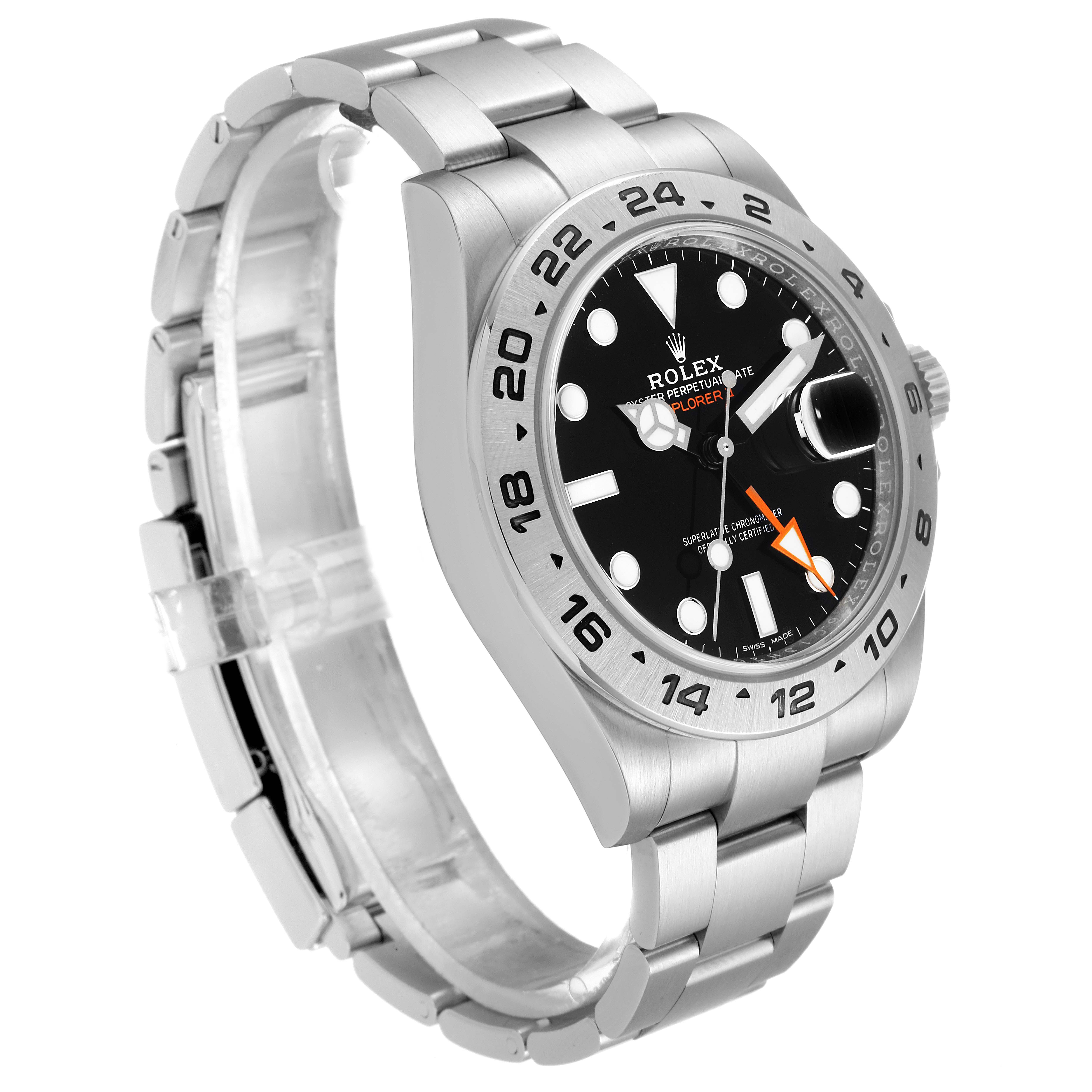 This image shows a three-quarter angle of the Rolex Explorer 216570 Men's Stainless Steel Black Dial 216570 Men's Stainless Steel Black Dial watch, highlighting its face, bezel, and bracelet.