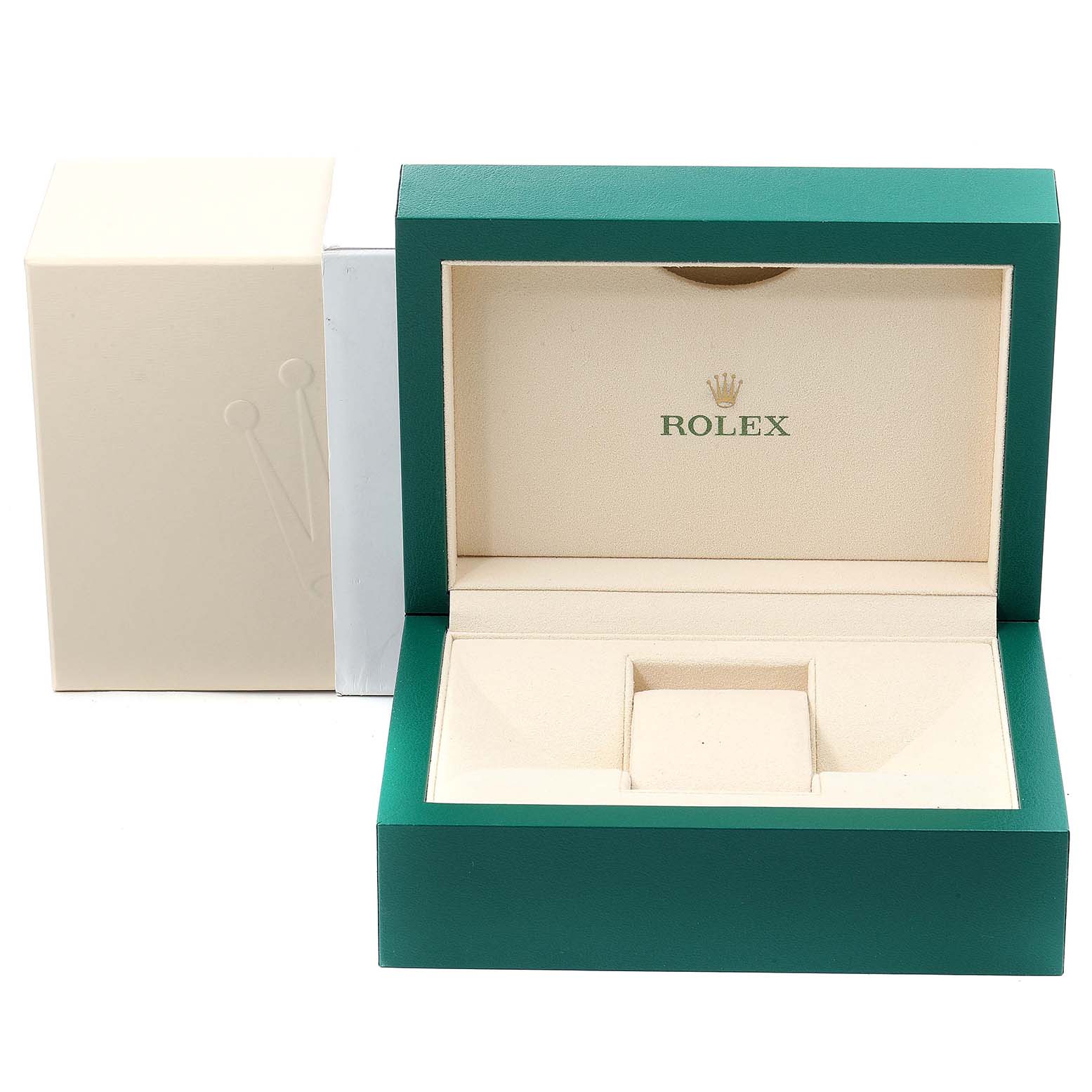 The image shows an empty green and beige Rolex box for the Explorer model, with the lid open and outer box beside it.