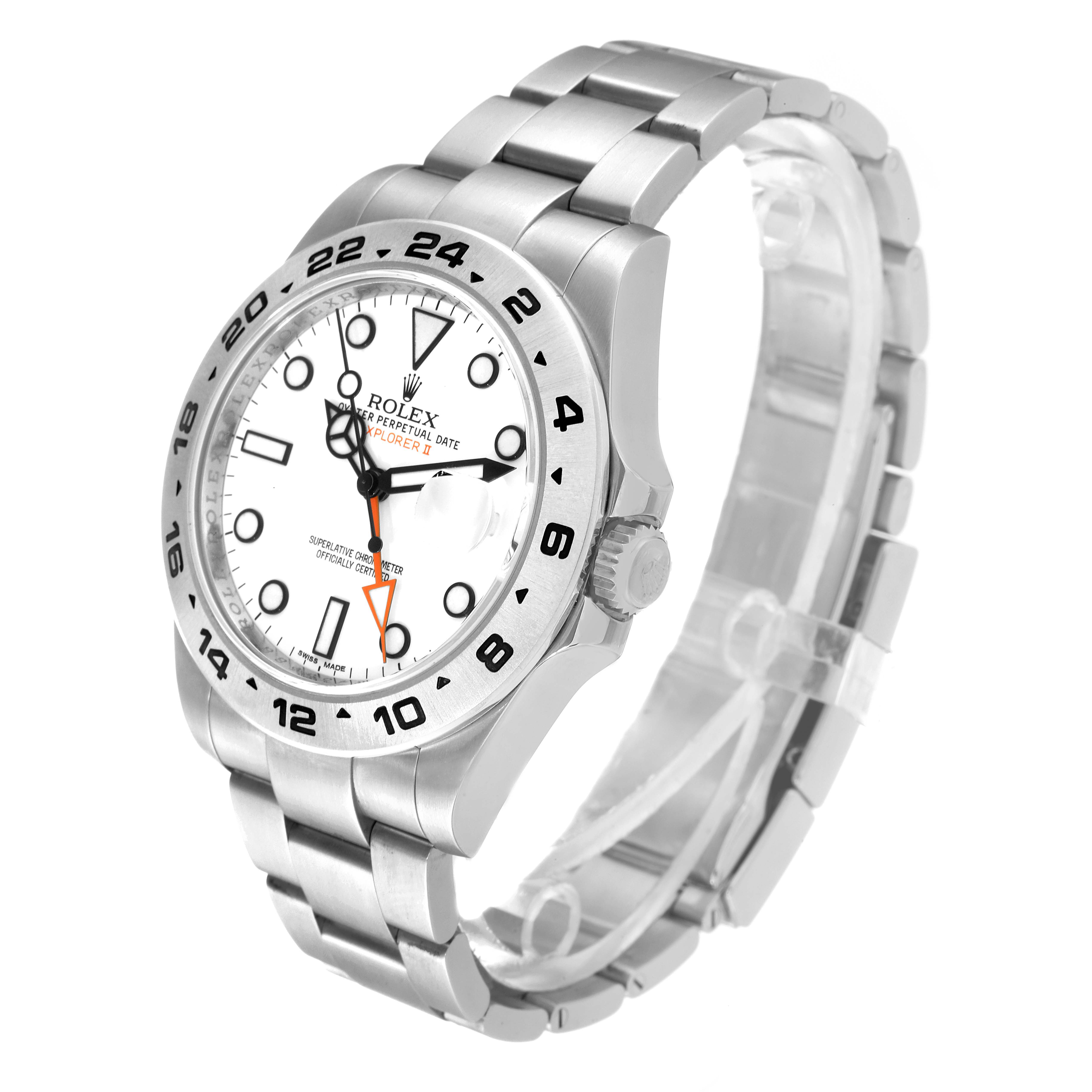 This image shows a side-angle view of the Rolex Explorer 216570 Men
s Stainless Steel White Dial 216570 Men
s Stainless Steel White Dial watch, highlighting its bezel, crown, dial, and metal bracelet.