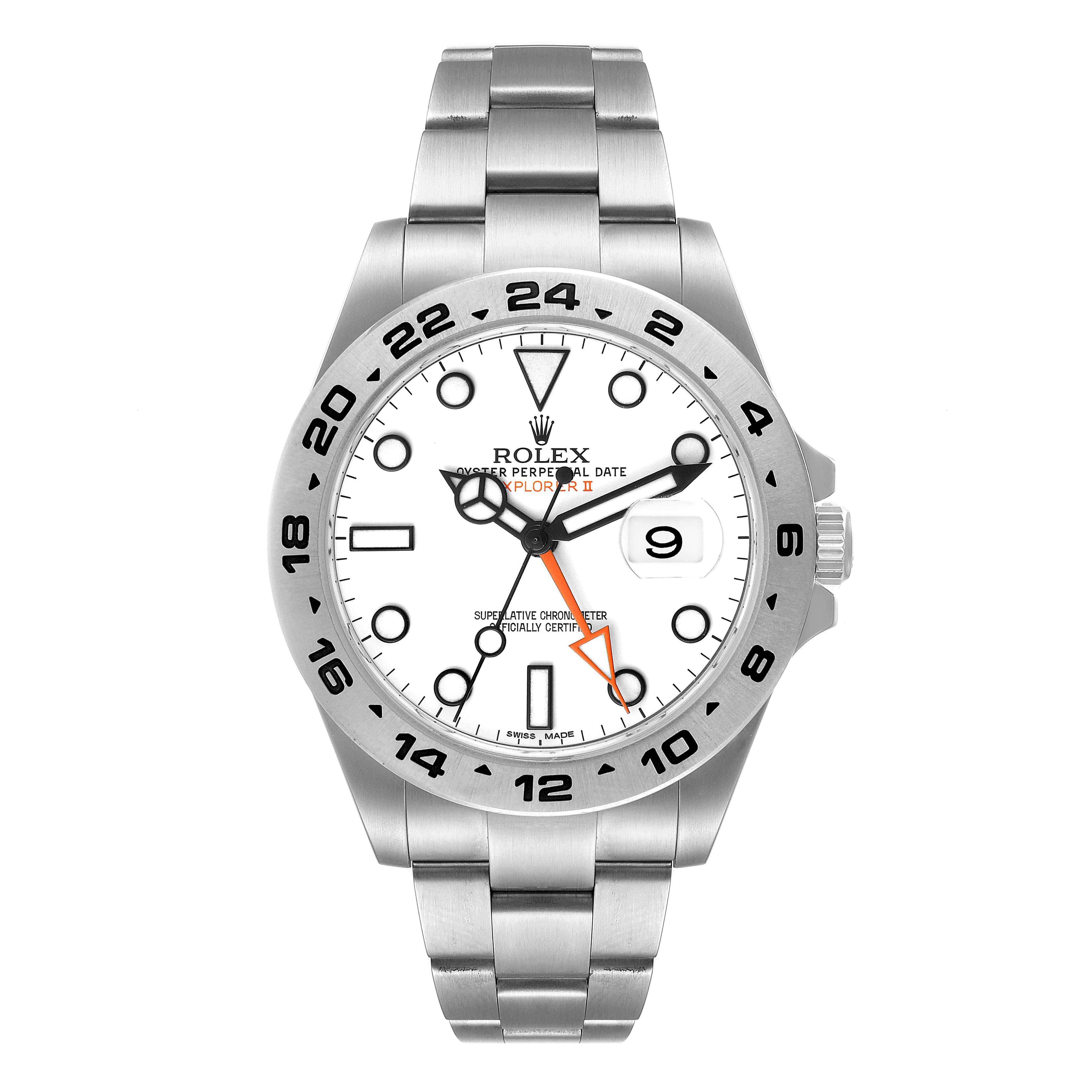 The image shows a front view of the Rolex Explorer 216570 Men
s Stainless Steel White Dial 216570 Men
s Stainless Steel White Dial watch, displaying its face, bezel, and bracelet.