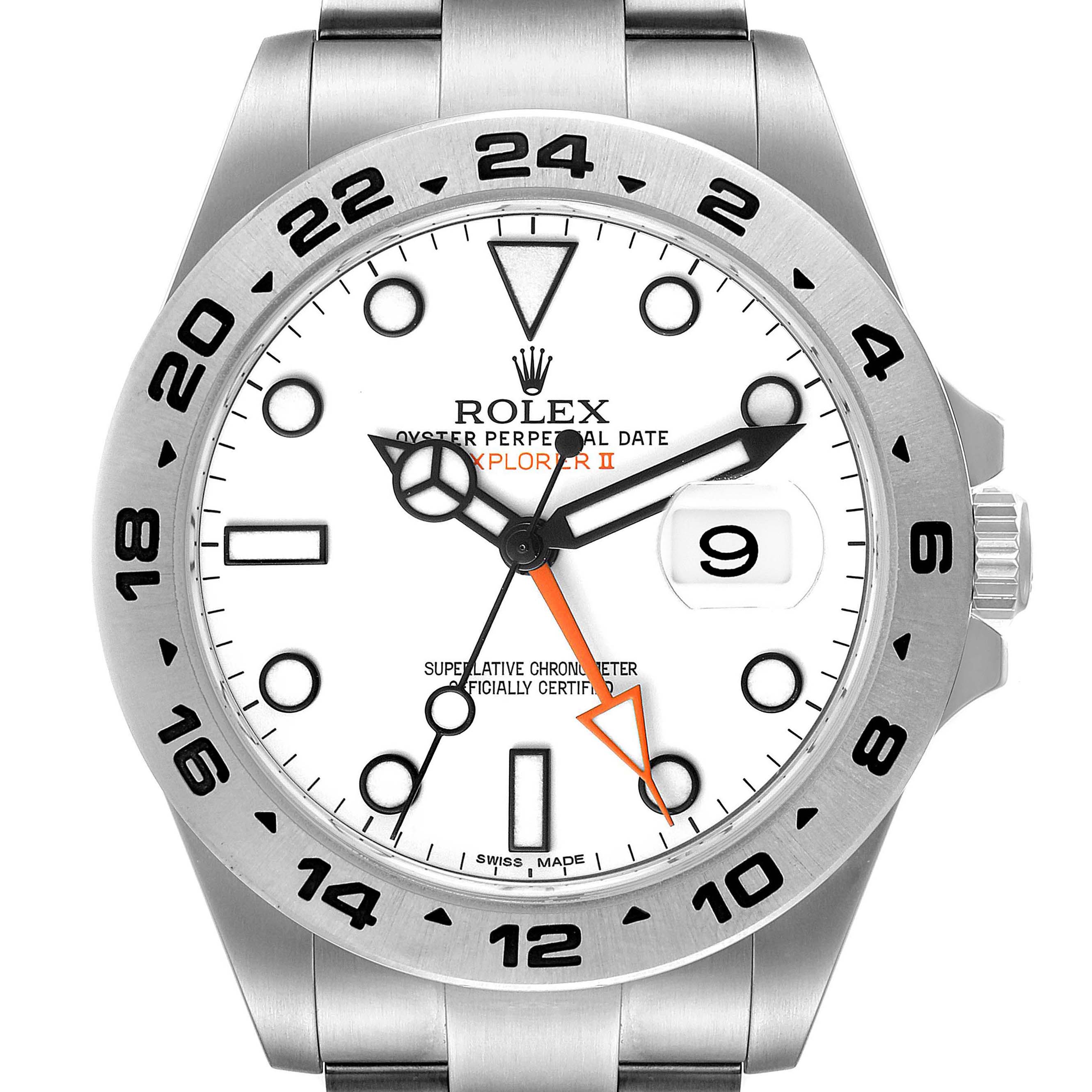 The image shows a front view of the Rolex Explorer 216570 Men
s Stainless Steel White Dial 216570 Men
s Stainless Steel White Dial watch, highlighting its face, bezel, crown, and bracelet.